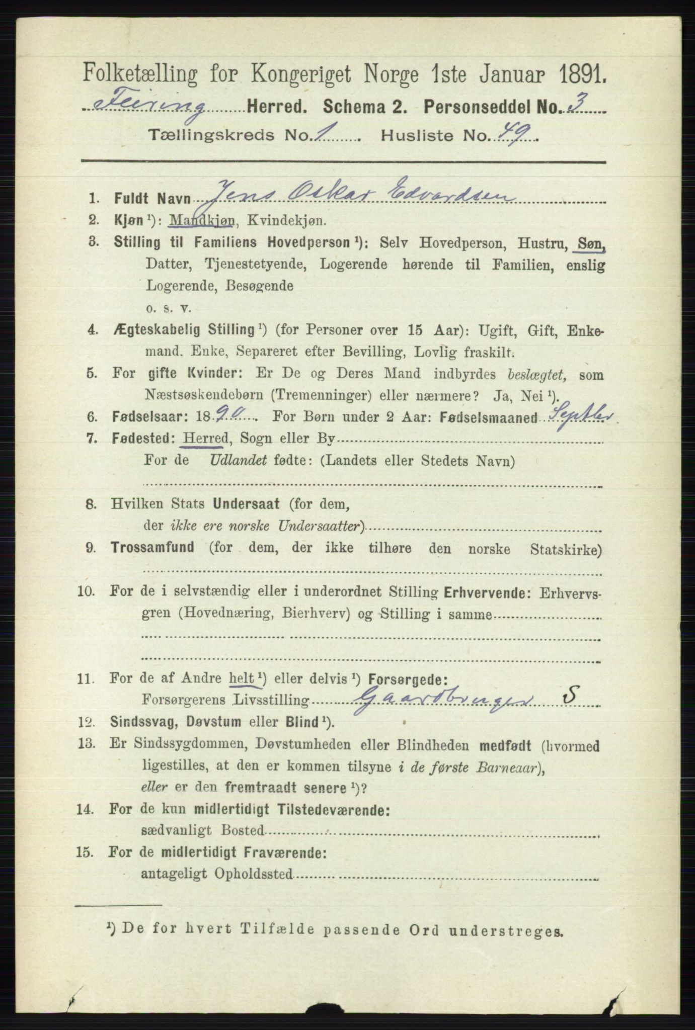 RA, 1891 census for 0240 Feiring, 1891, p. 377