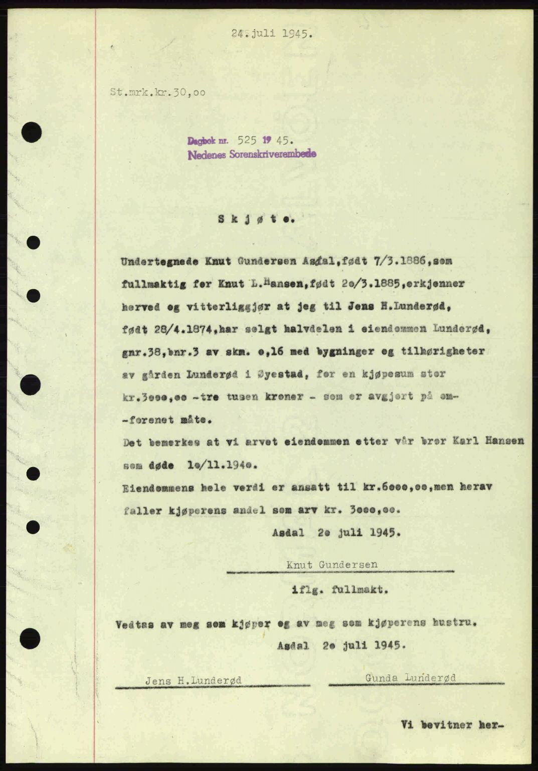Nedenes sorenskriveri, SAK/1221-0006/G/Gb/Gba/L0052: Mortgage book no. A6a, 1944-1945, Diary no: : 525/1945