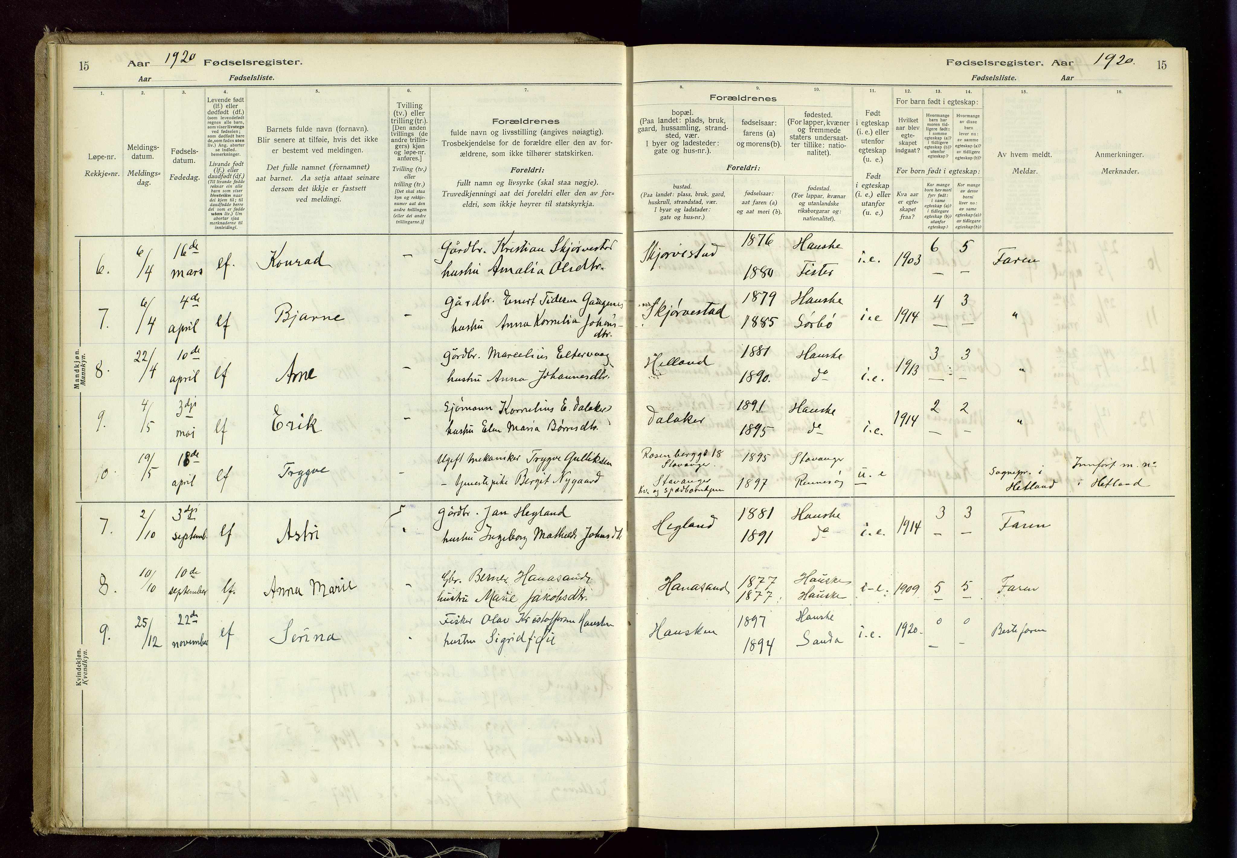 Rennesøy sokneprestkontor, AV/SAST-A -101827/I/Id/L0001: Birth register no. 1, 1916-1982, p. 15