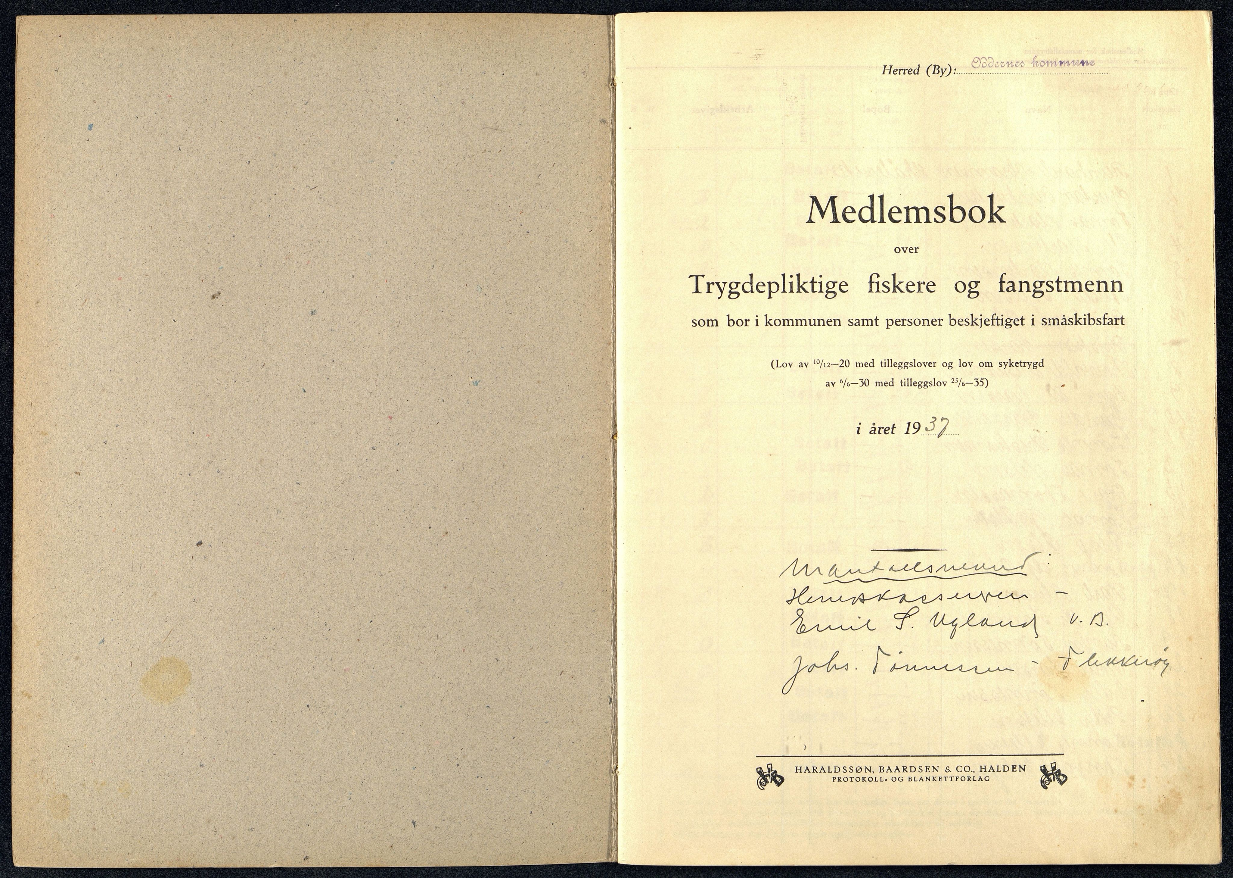 Oddernes kommune - Fiskermanntallnemnda, ARKSOR/1001OD622/F/L0001/0011: Manntall over forsikringspliktige fiskere og fangstmenn / Manntall over forsikringspliktige fiskere og fangstmenn, 1937