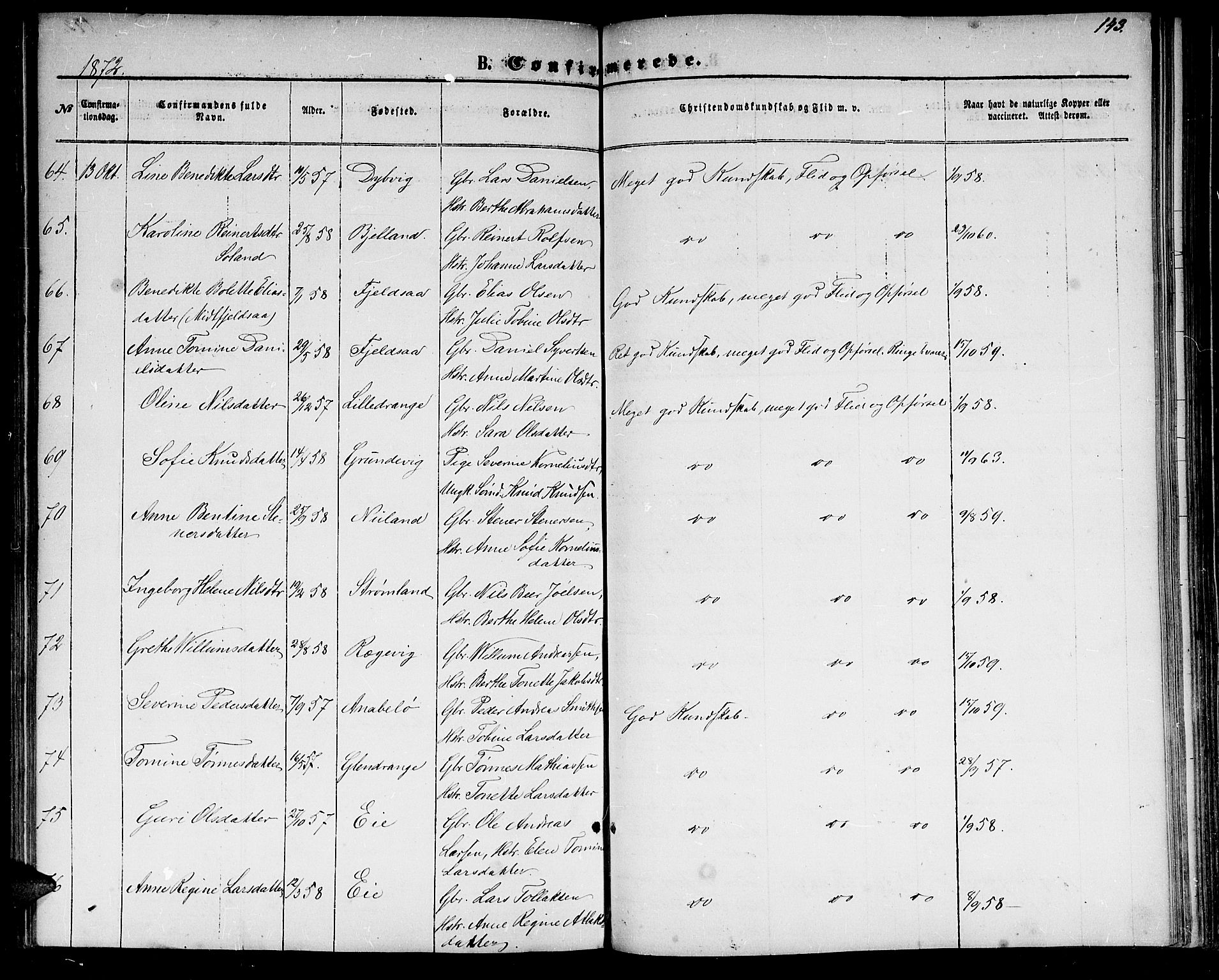 Flekkefjord sokneprestkontor, AV/SAK-1111-0012/F/Fb/Fbc/L0006: Parish register (copy) no. B 6, 1866-1879, p. 143