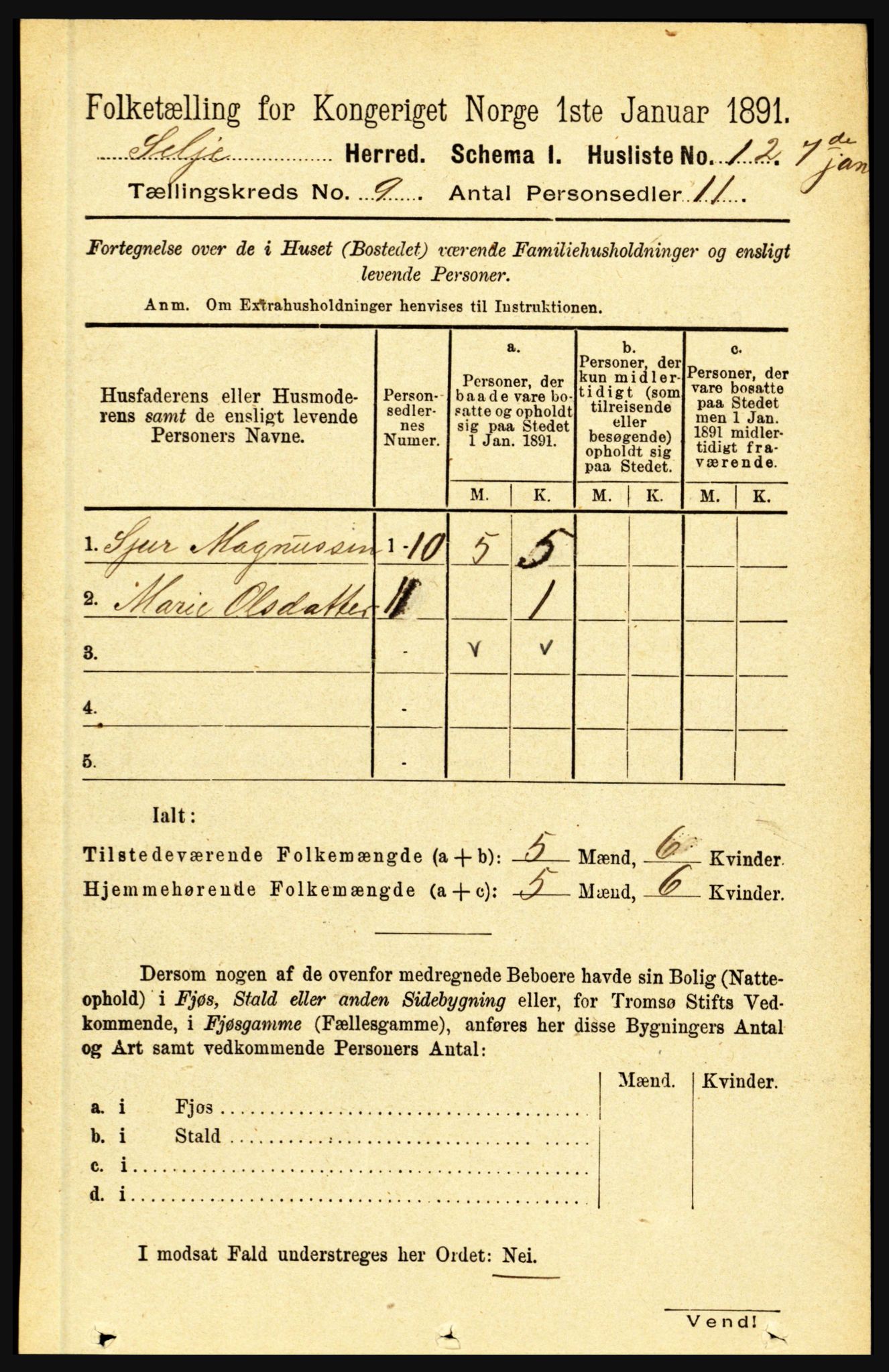 RA, 1891 census for 1441 Selje, 1891, p. 2659