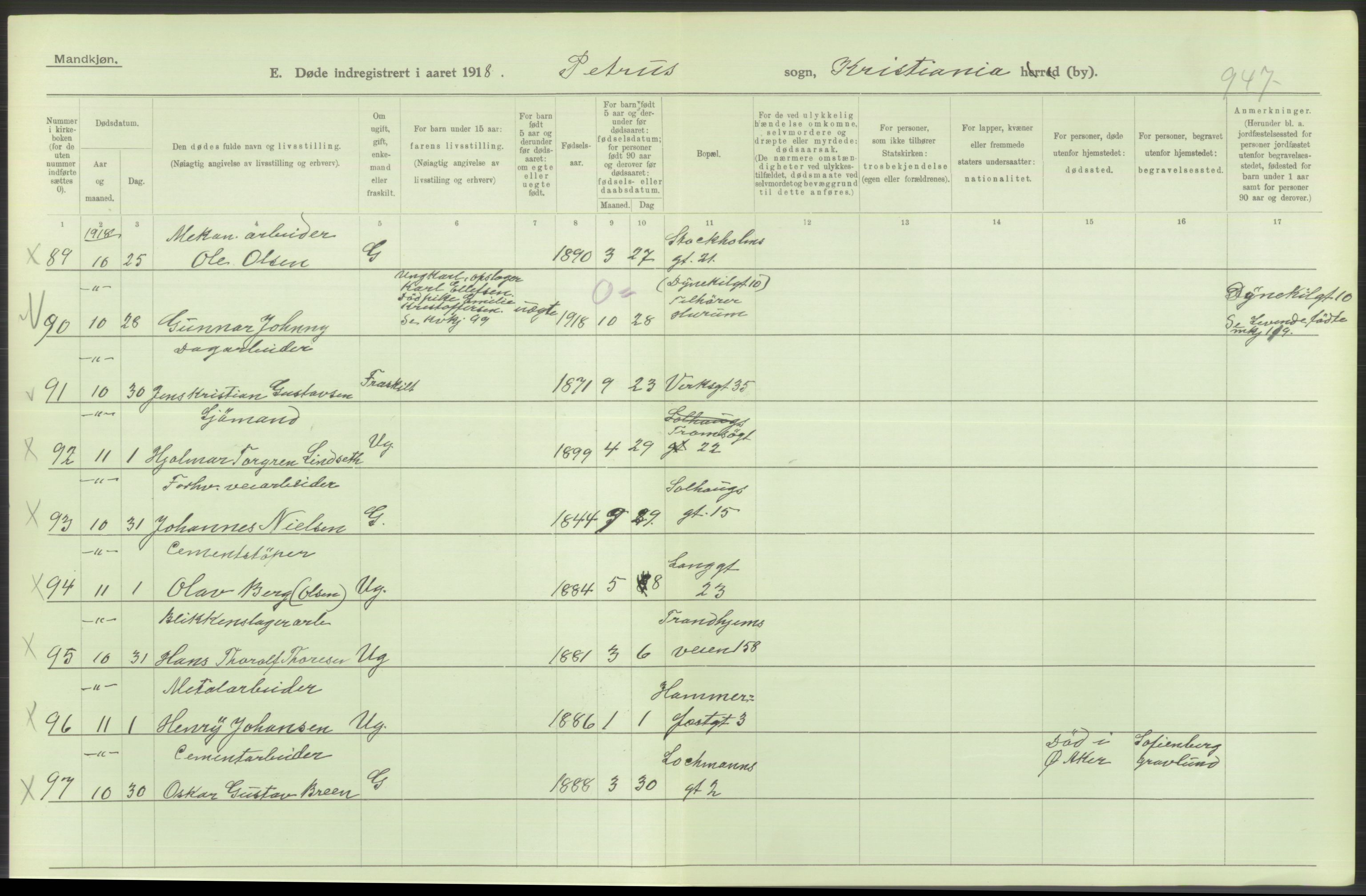 Statistisk sentralbyrå, Sosiodemografiske emner, Befolkning, AV/RA-S-2228/D/Df/Dfb/Dfbh/L0010: Kristiania: Døde, 1918, p. 582