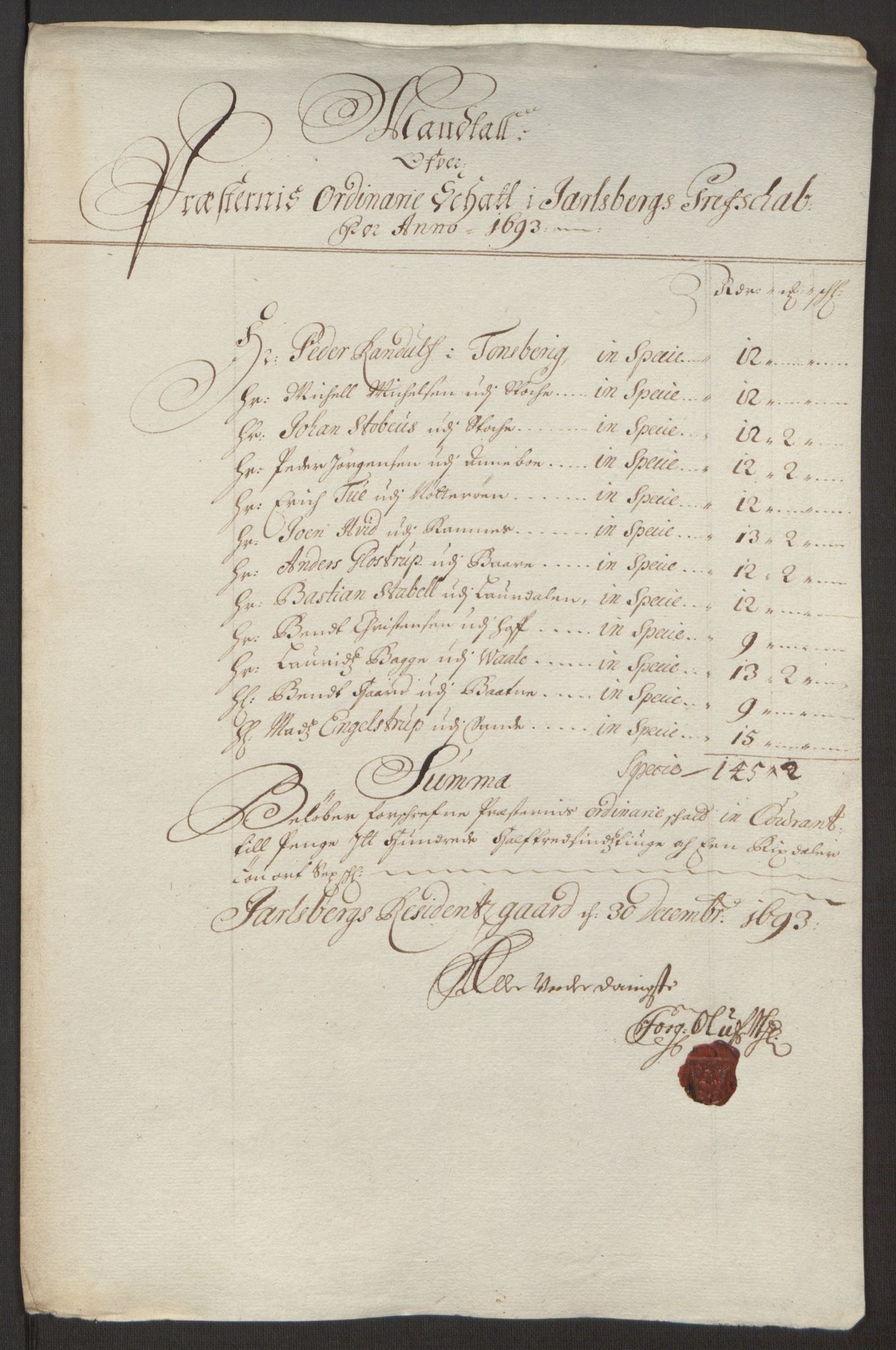 Rentekammeret inntil 1814, Reviderte regnskaper, Fogderegnskap, RA/EA-4092/R32/L1866: Fogderegnskap Jarlsberg grevskap, 1693, p. 383