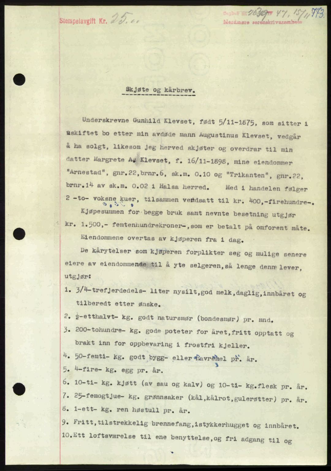 Nordmøre sorenskriveri, AV/SAT-A-4132/1/2/2Ca: Mortgage book no. A106, 1947-1947, Diary no: : 2639/1947