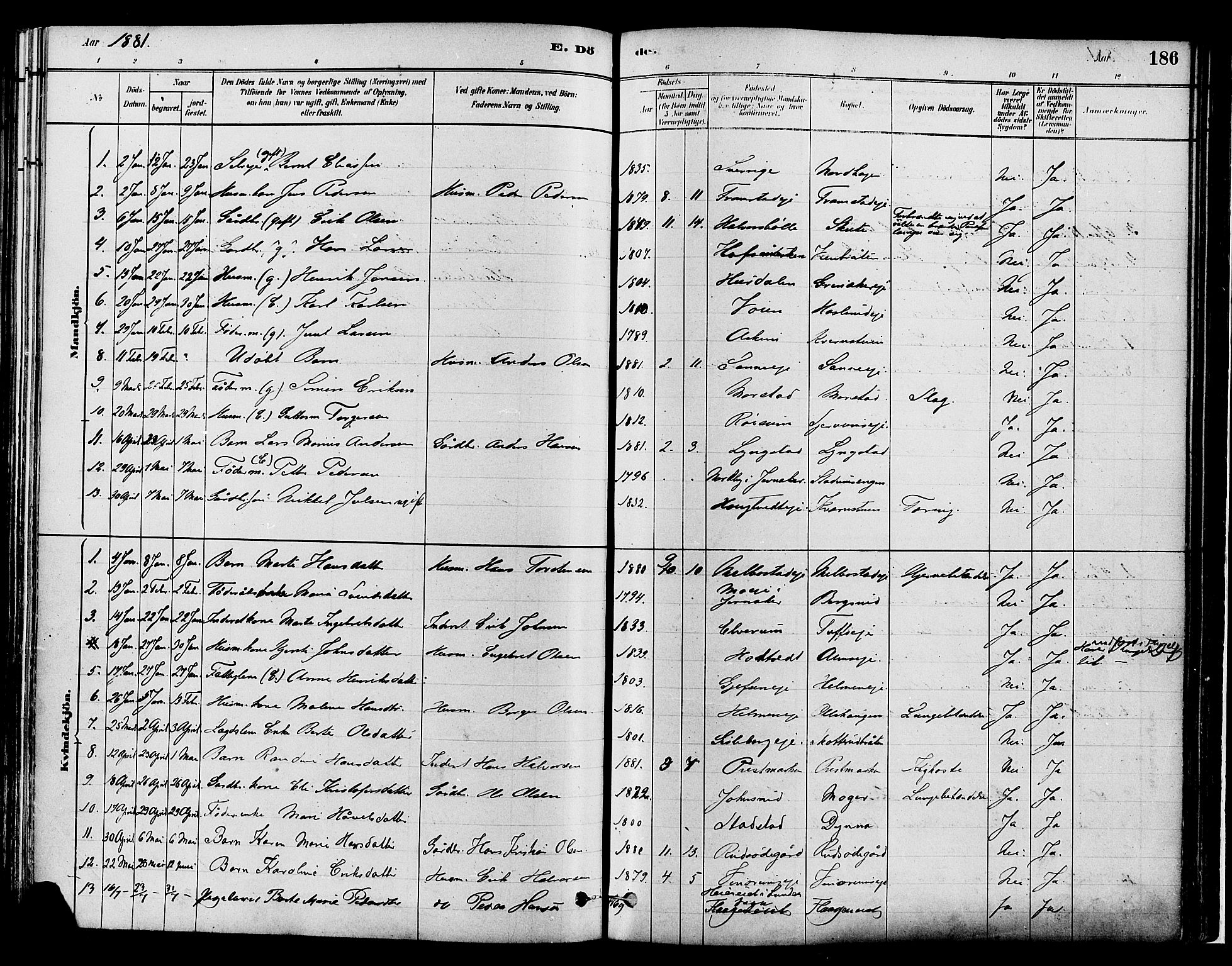 Gran prestekontor, SAH/PREST-112/H/Ha/Haa/L0014: Parish register (official) no. 14, 1880-1889, p. 186