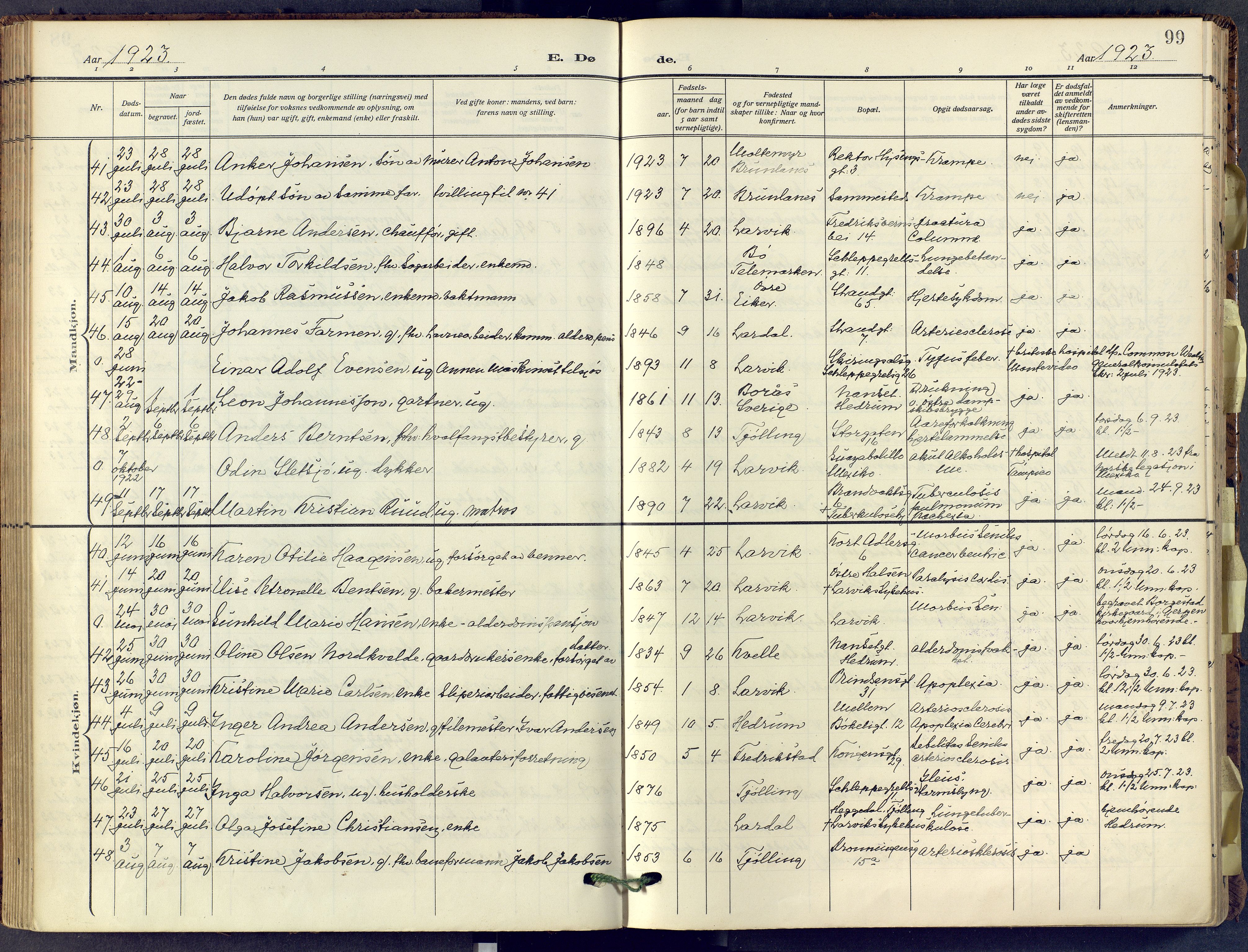 Larvik kirkebøker, SAKO/A-352/F/Fa/L0013: Parish register (official) no. I 13, 1910-1960, p. 99