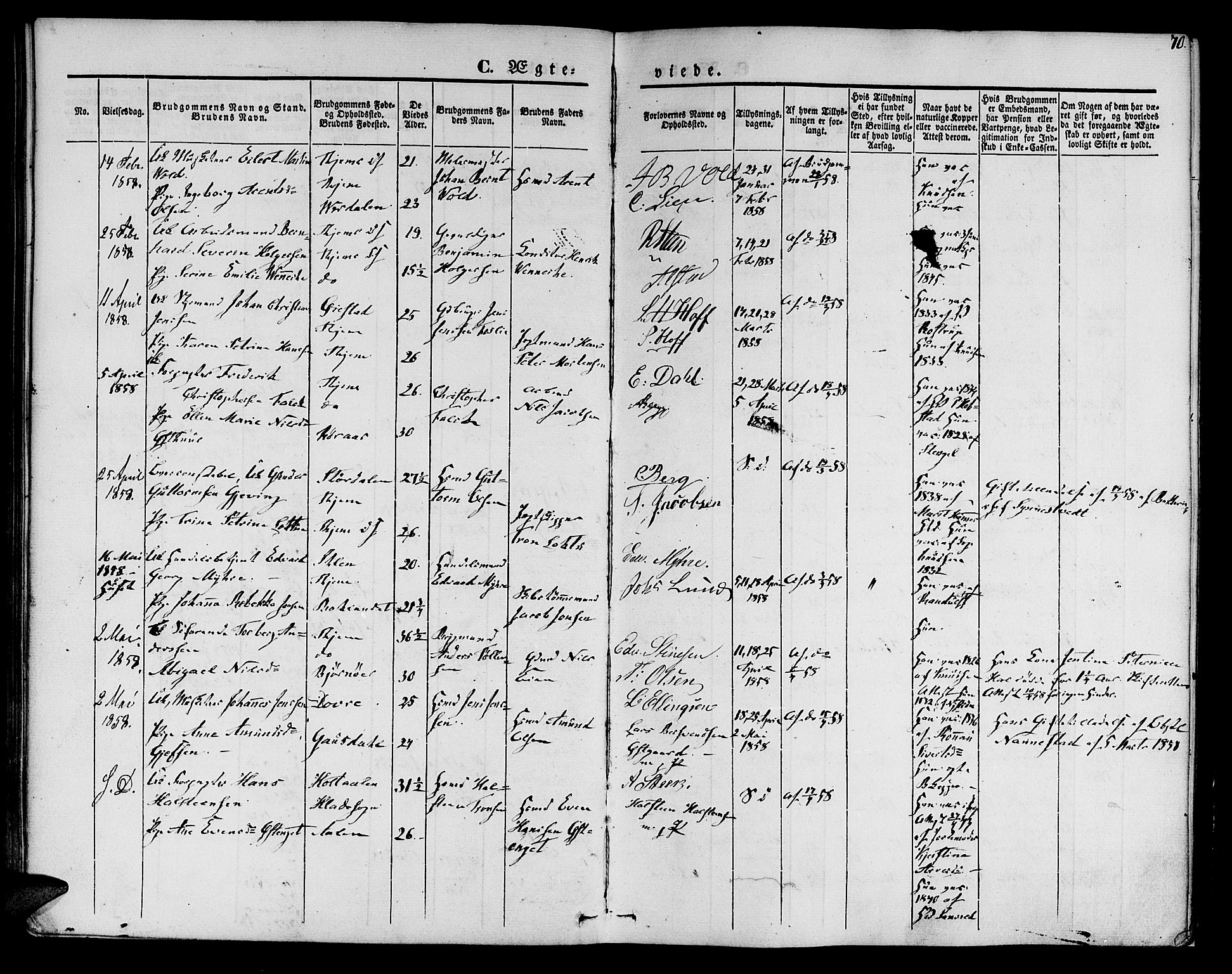 Ministerialprotokoller, klokkerbøker og fødselsregistre - Sør-Trøndelag, SAT/A-1456/602/L0111: Parish register (official) no. 602A09, 1844-1867, p. 70