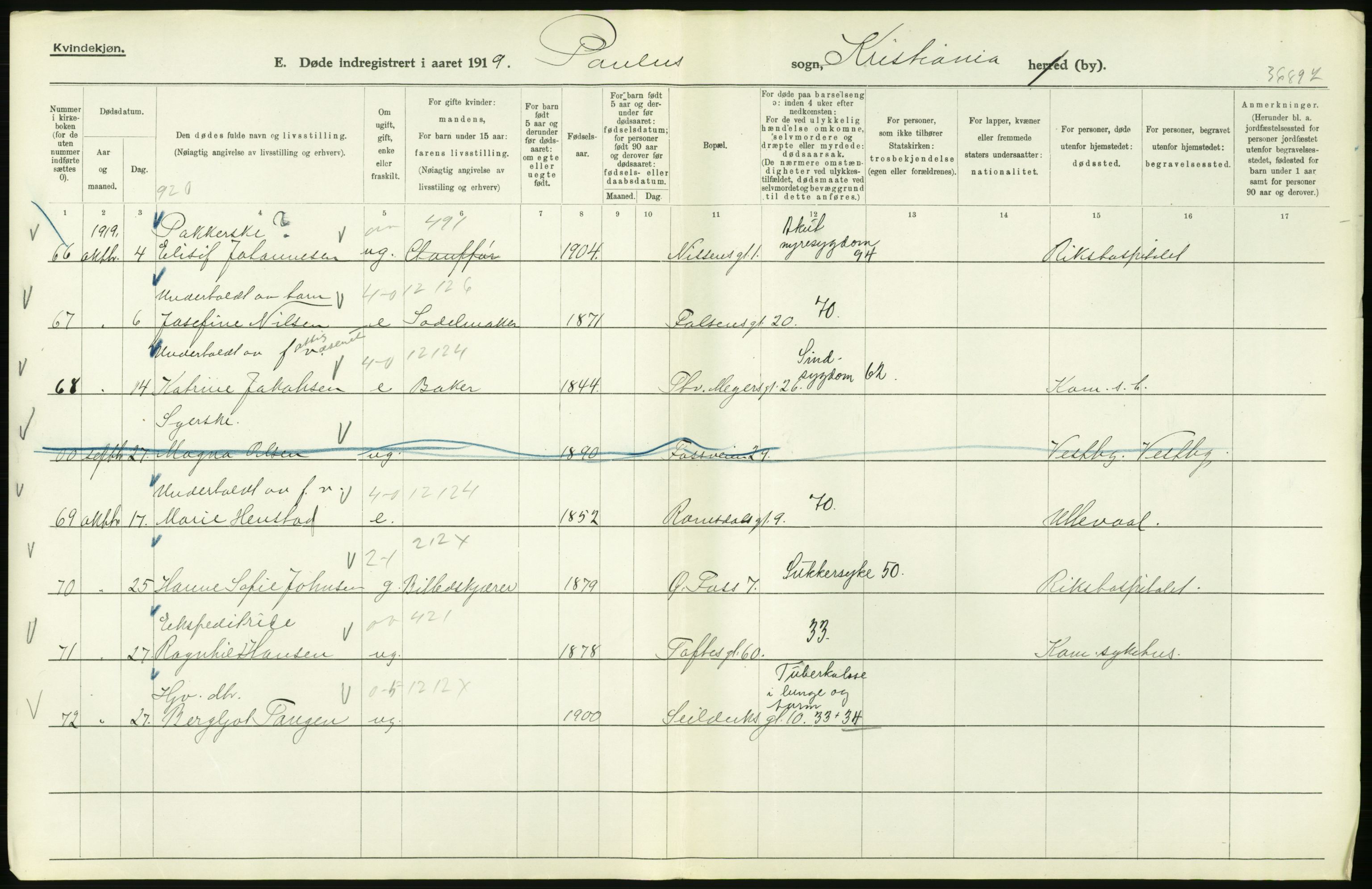 Statistisk sentralbyrå, Sosiodemografiske emner, Befolkning, AV/RA-S-2228/D/Df/Dfb/Dfbi/L0010: Kristiania: Døde, 1919, p. 614