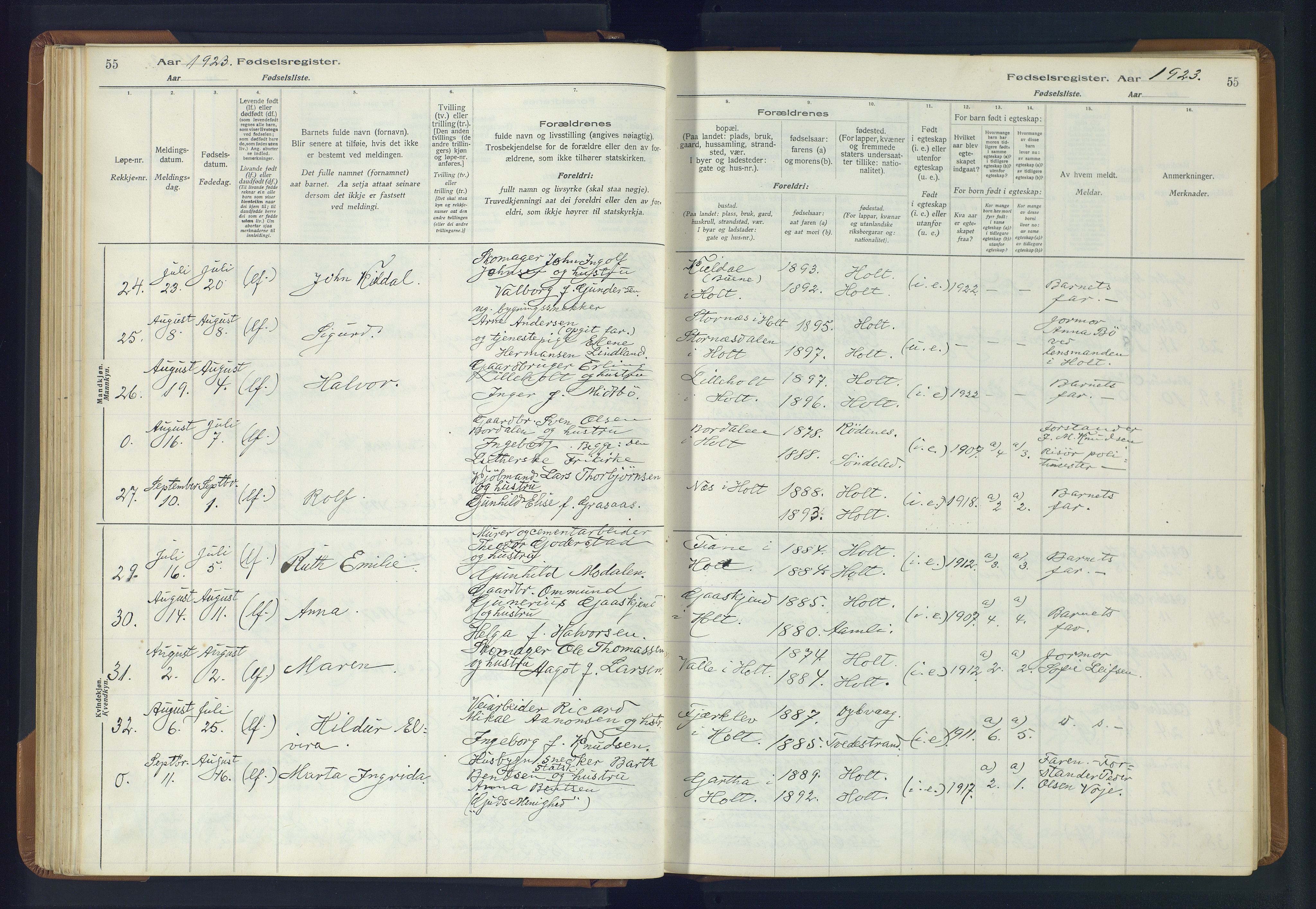 Holt sokneprestkontor, AV/SAK-1111-0021/J/Ja/L0001: Birth register no. II.4.1, 1916-1946, p. 55