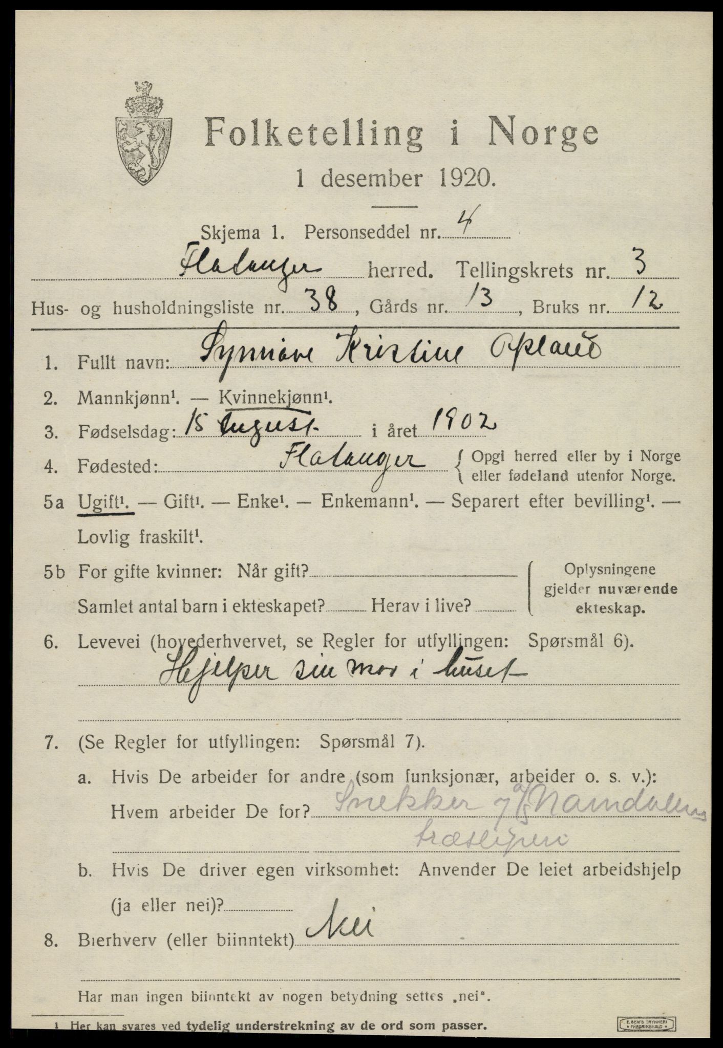 SAT, 1920 census for Flatanger, 1920, p. 2000