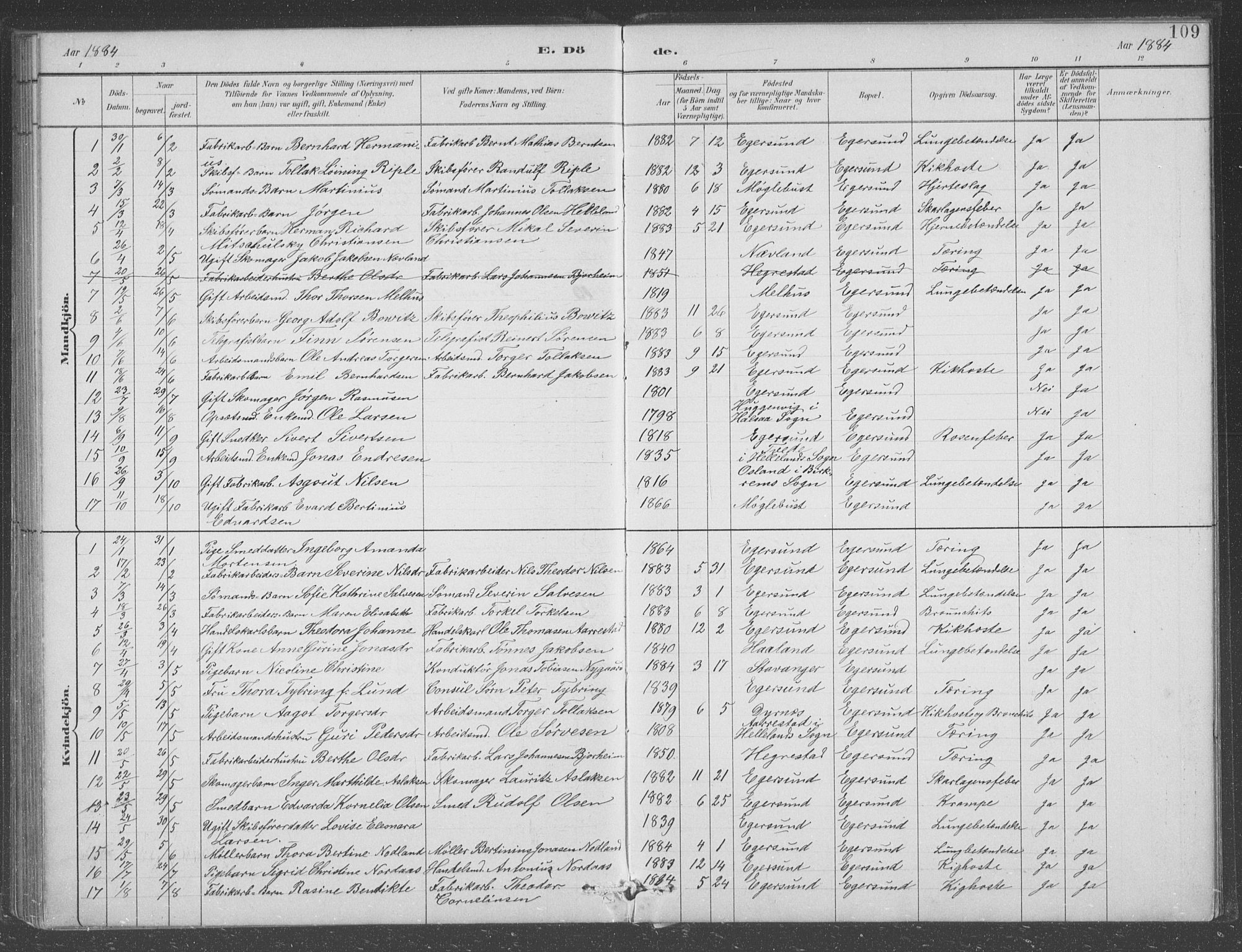 Eigersund sokneprestkontor, AV/SAST-A-101807/S09/L0008: Parish register (copy) no. B 8, 1882-1892, p. 109