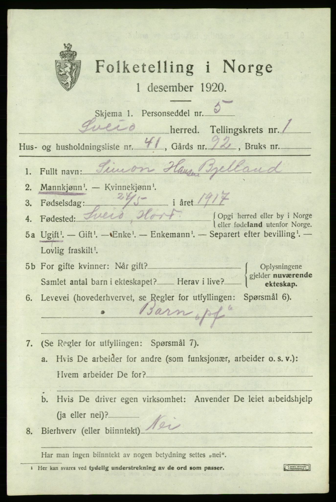 SAB, 1920 census for Sveio, 1920, p. 1300