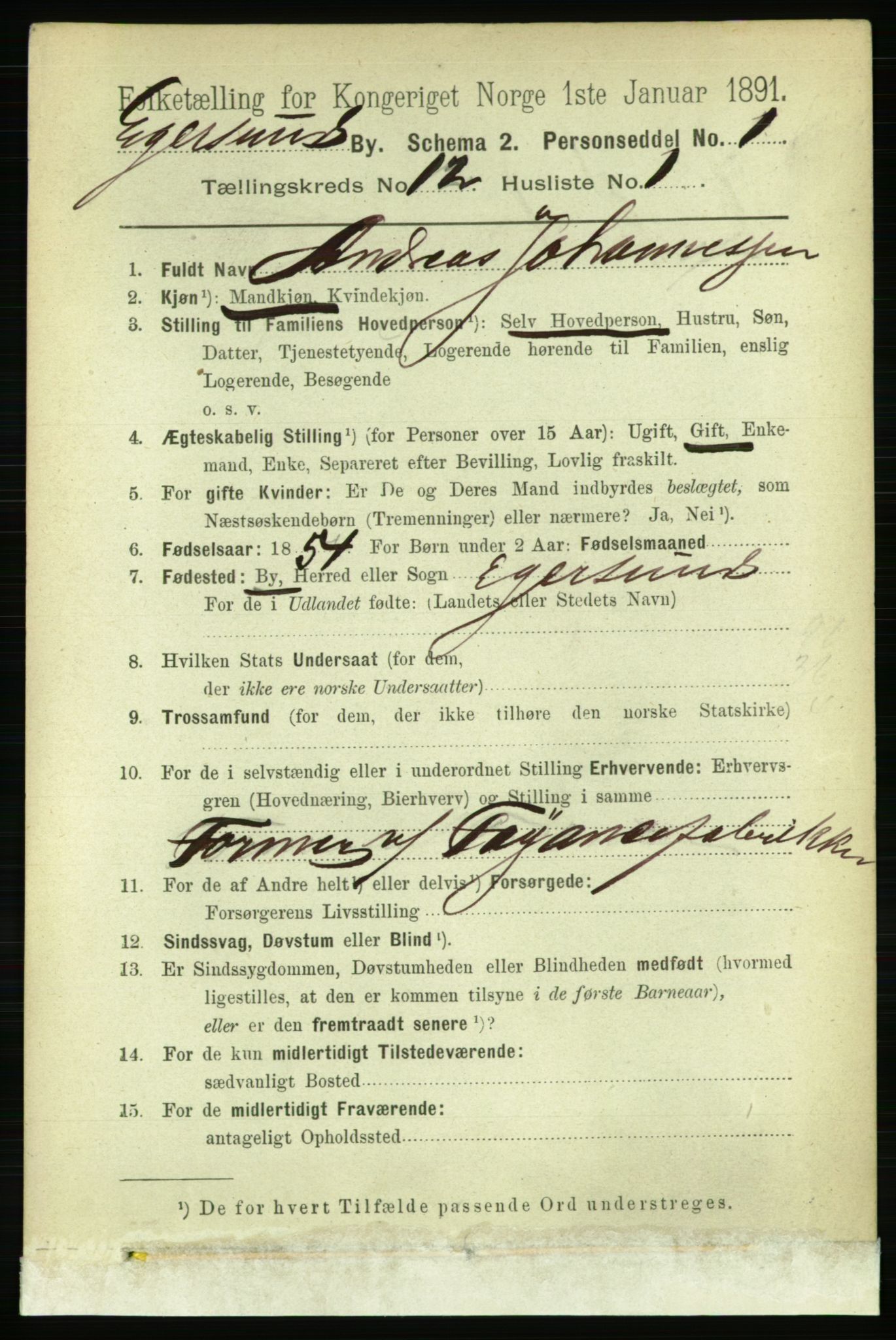 RA, 1891 census for 1101 Egersund, 1891, p. 2165