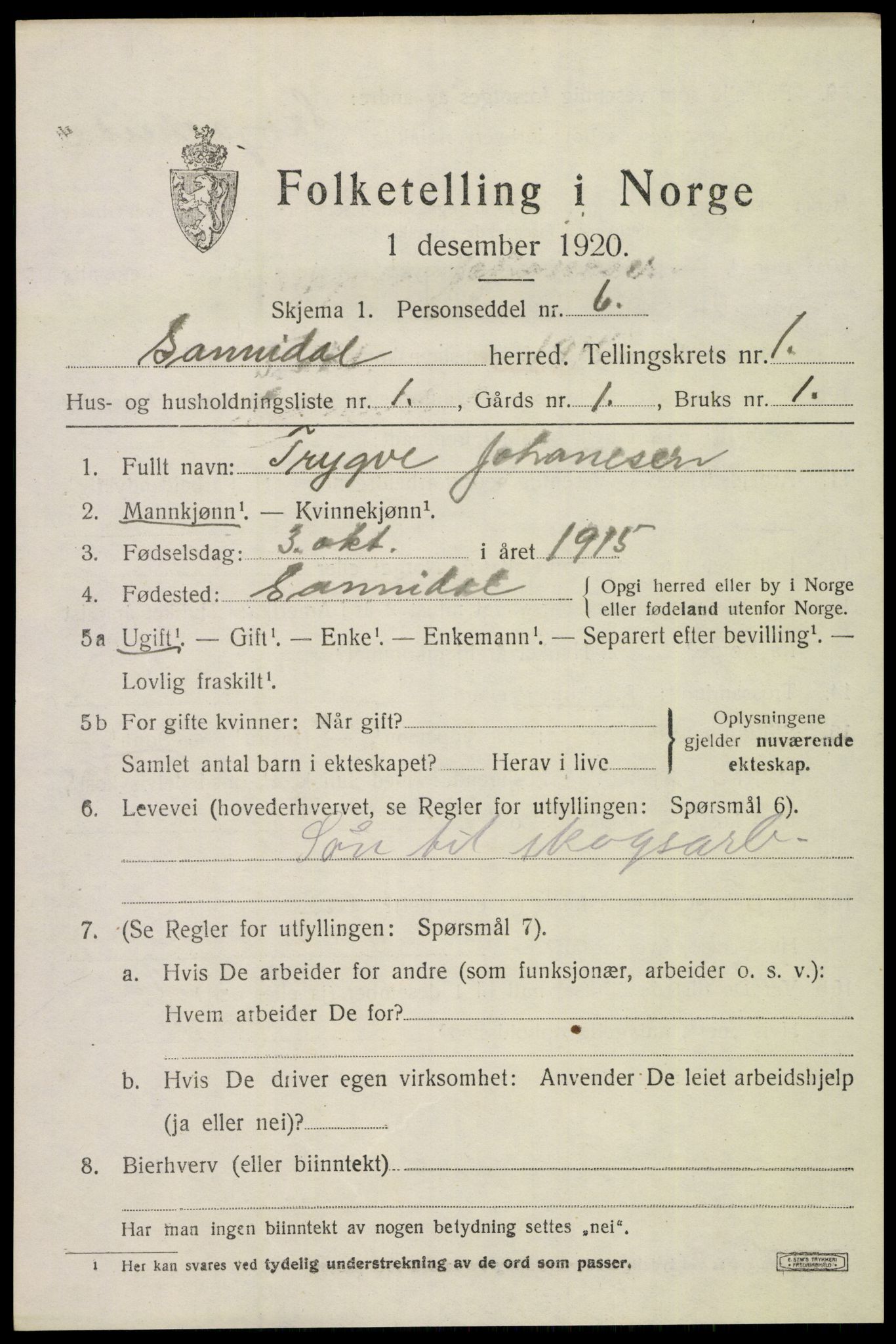 SAKO, 1920 census for Sannidal, 1920, p. 1037