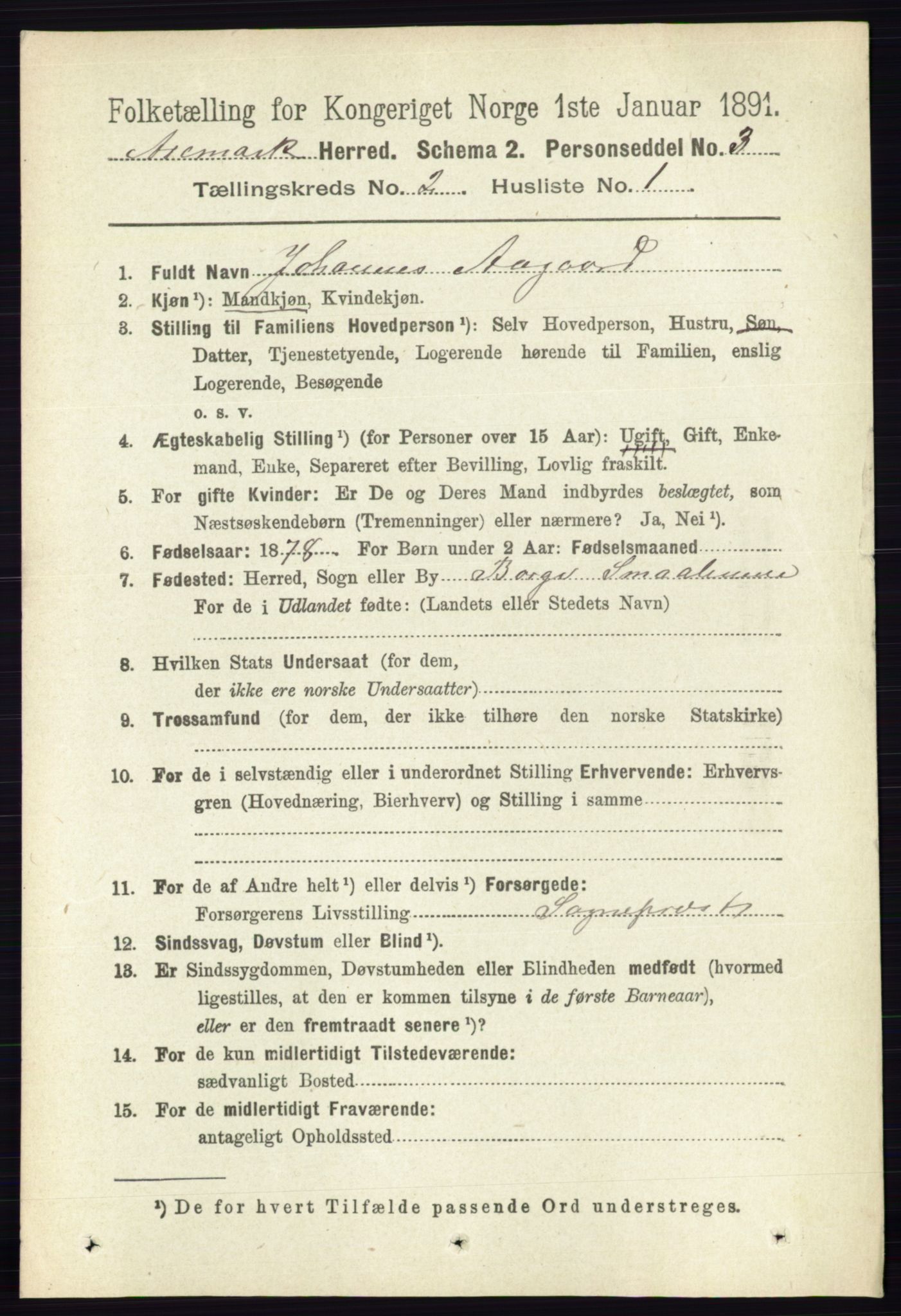 RA, 1891 census for 0118 Aremark, 1891, p. 872