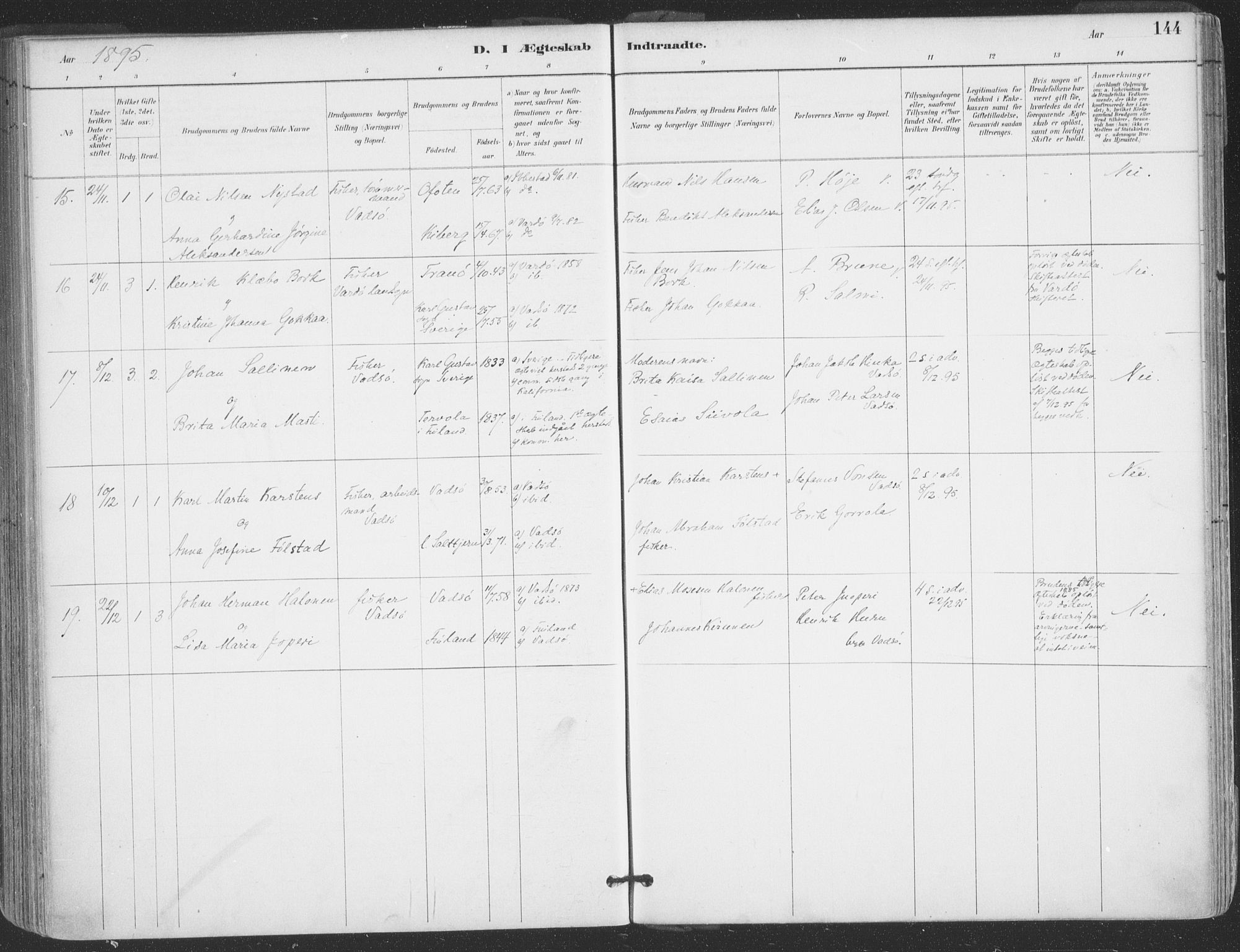 Vadsø sokneprestkontor, AV/SATØ-S-1325/H/Ha/L0006kirke: Parish register (official) no. 6, 1885-1895, p. 144