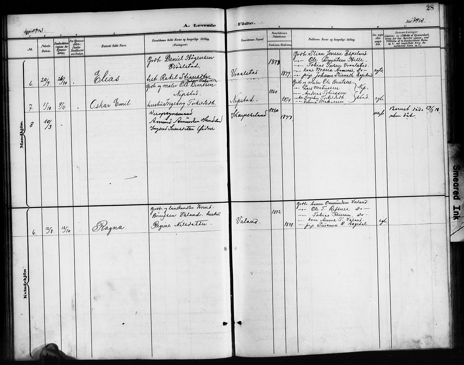 Nord-Audnedal sokneprestkontor, AV/SAK-1111-0032/F/Fb/Fba/L0004: Parish register (copy) no. B 4, 1901-1917, p. 28