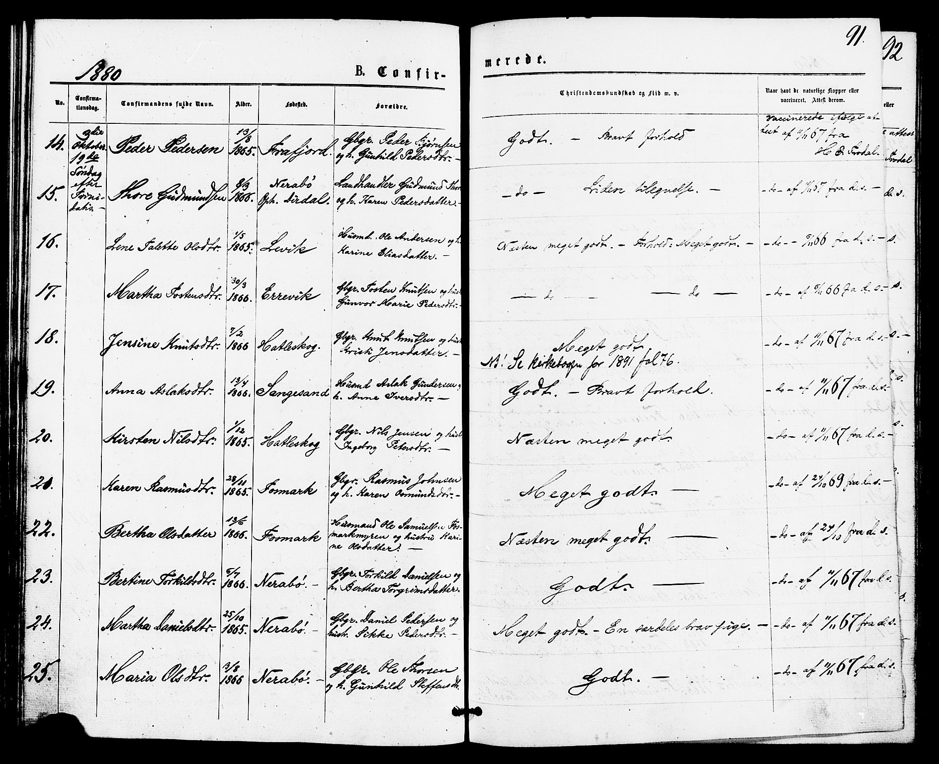 Høgsfjord sokneprestkontor, AV/SAST-A-101624/H/Ha/Haa/L0004: Parish register (official) no. A 4, 1876-1884, p. 91