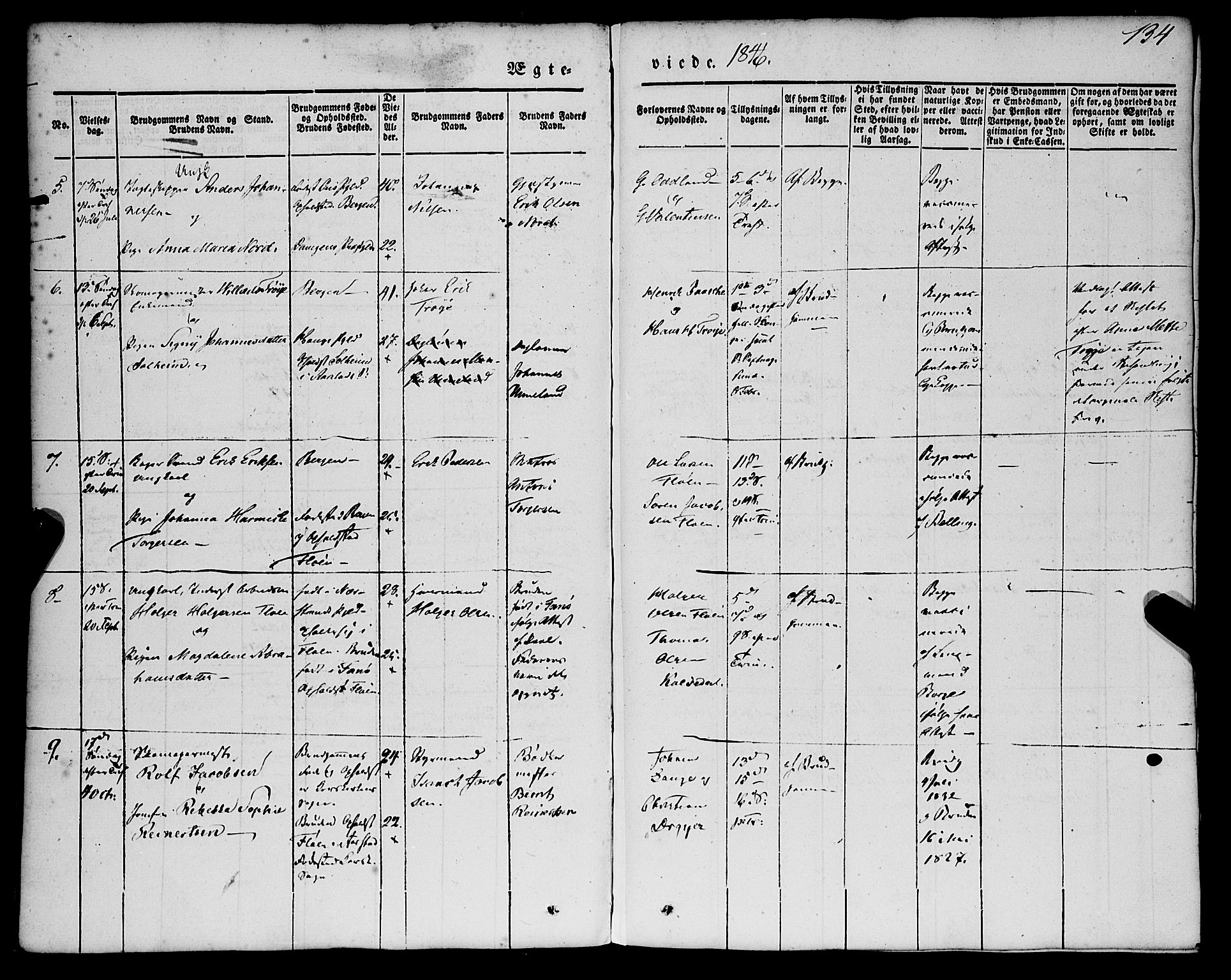 St. Jørgens hospital og Årstad sokneprestembete, AV/SAB-A-99934: Parish register (official) no. A 4, 1844-1863, p. 134