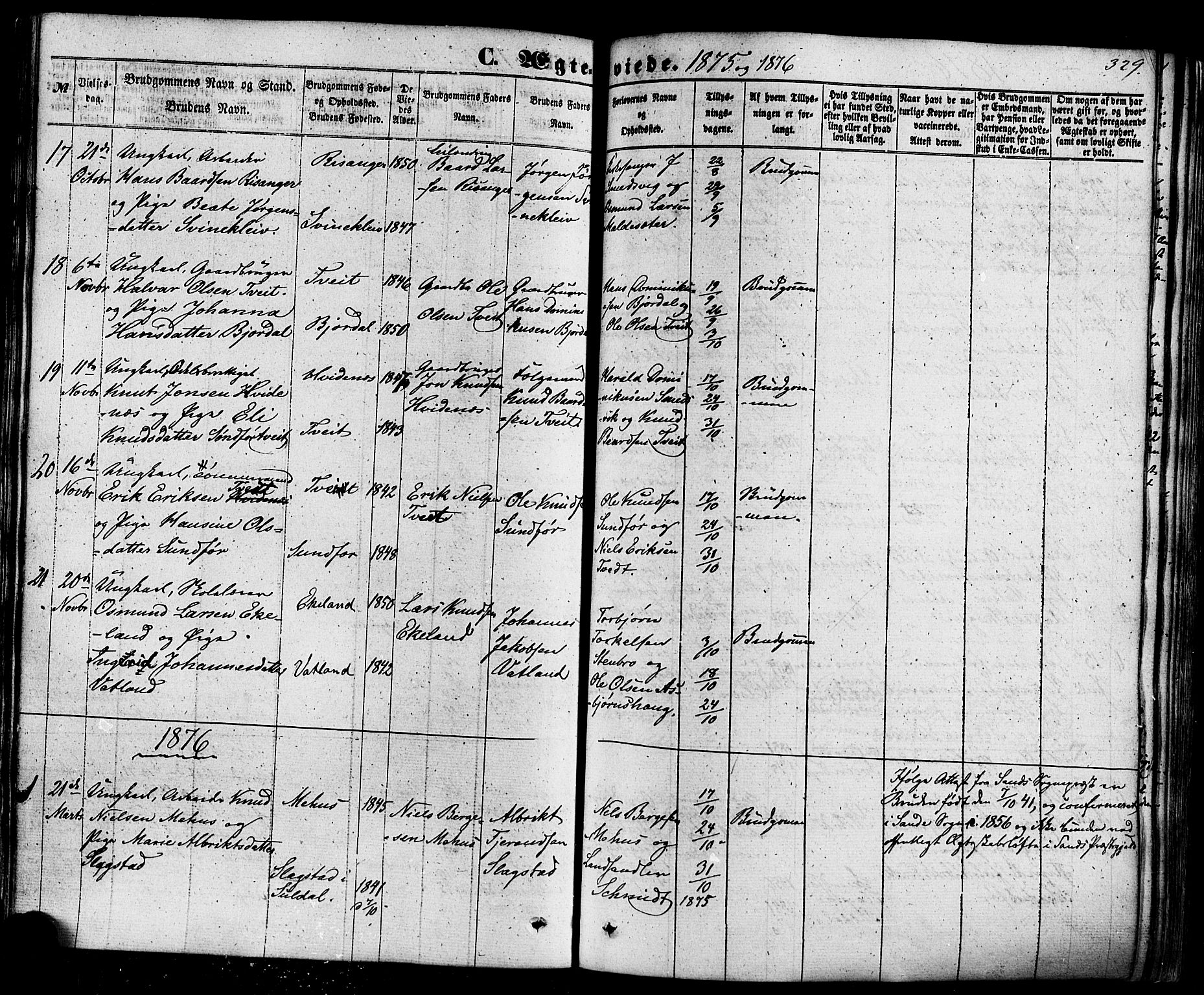 Skjold sokneprestkontor, AV/SAST-A-101847/H/Ha/Haa/L0008: Parish register (official) no. A 8, 1856-1882, p. 329