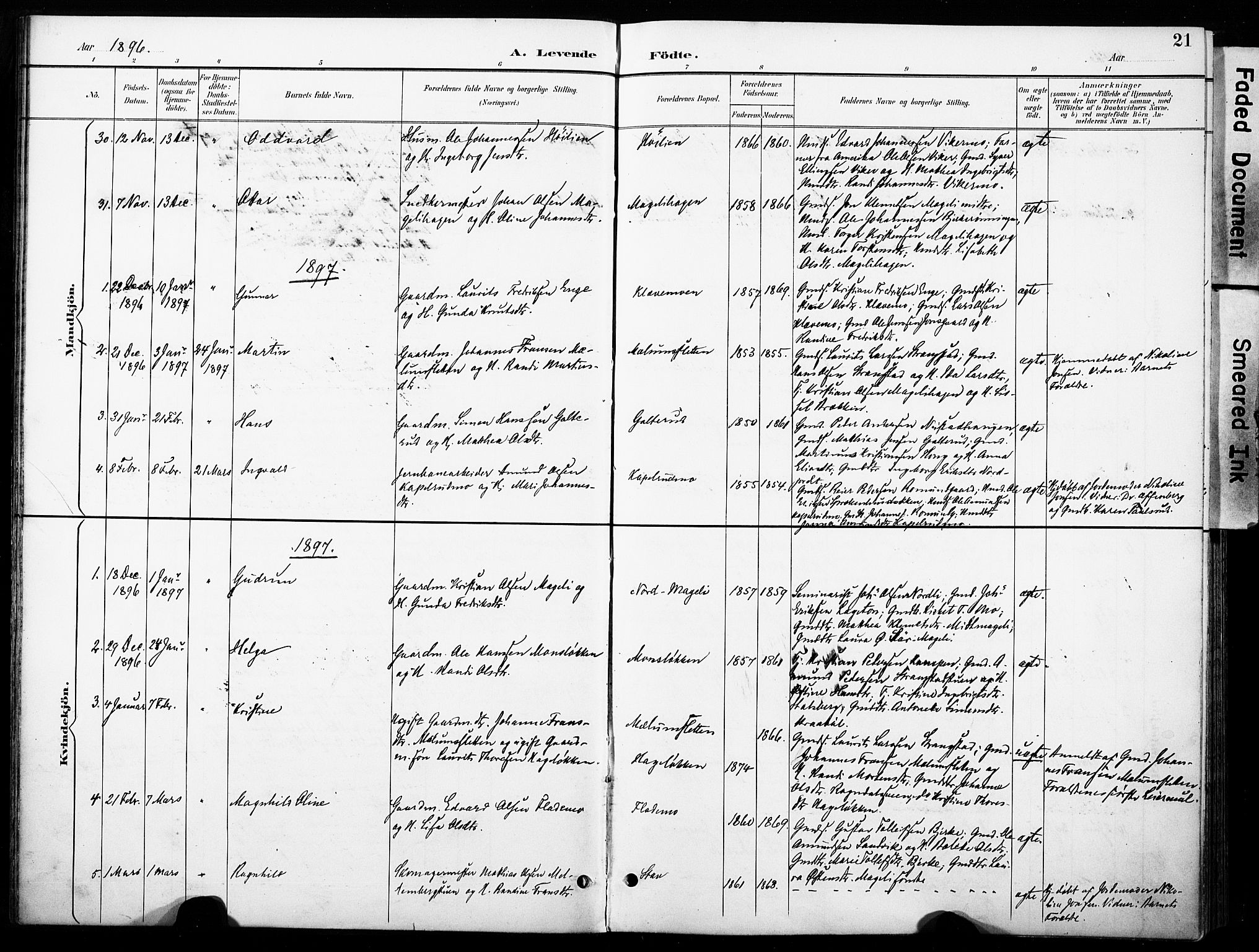 Øyer prestekontor, AV/SAH-PREST-084/H/Ha/Haa/L0011: Parish register (official) no. 11, 1894-1905, p. 21