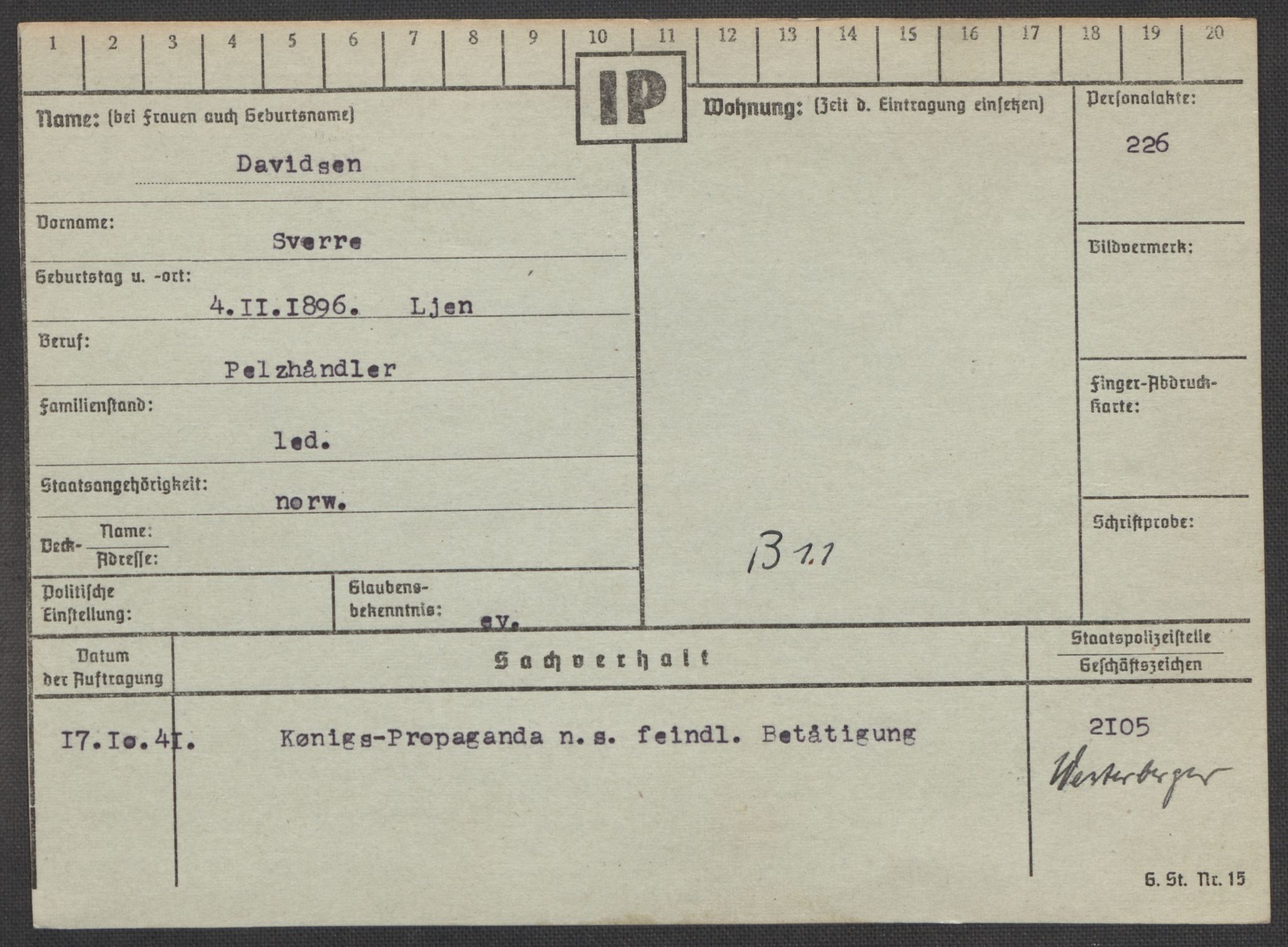 Befehlshaber der Sicherheitspolizei und des SD, AV/RA-RAFA-5969/E/Ea/Eaa/L0002: Register over norske fanger i Møllergata 19: Bj-Eng, 1940-1945, p. 983