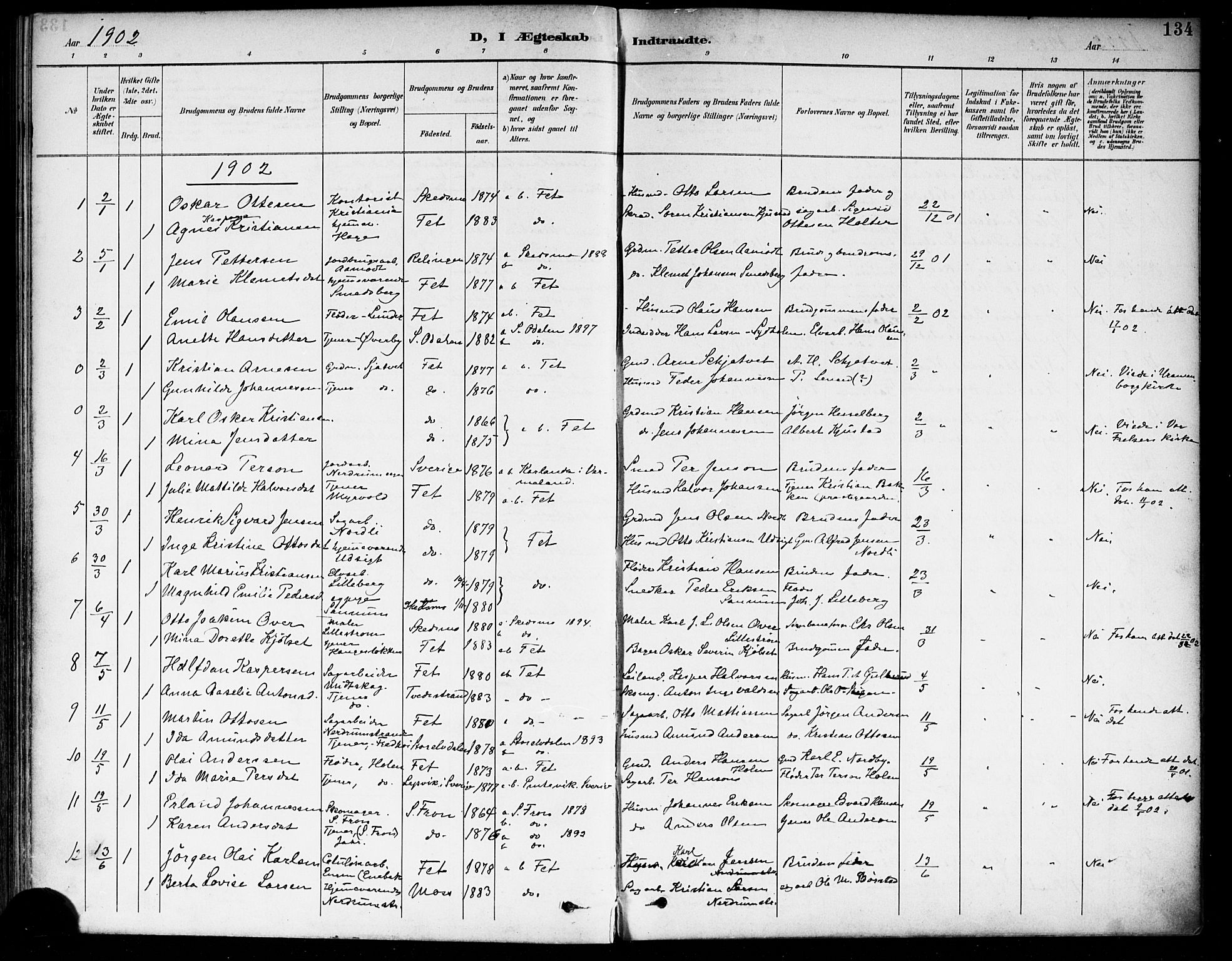 Fet prestekontor Kirkebøker, SAO/A-10370a/F/Fa/L0015: Parish register (official) no. I 15, 1892-1904, p. 134