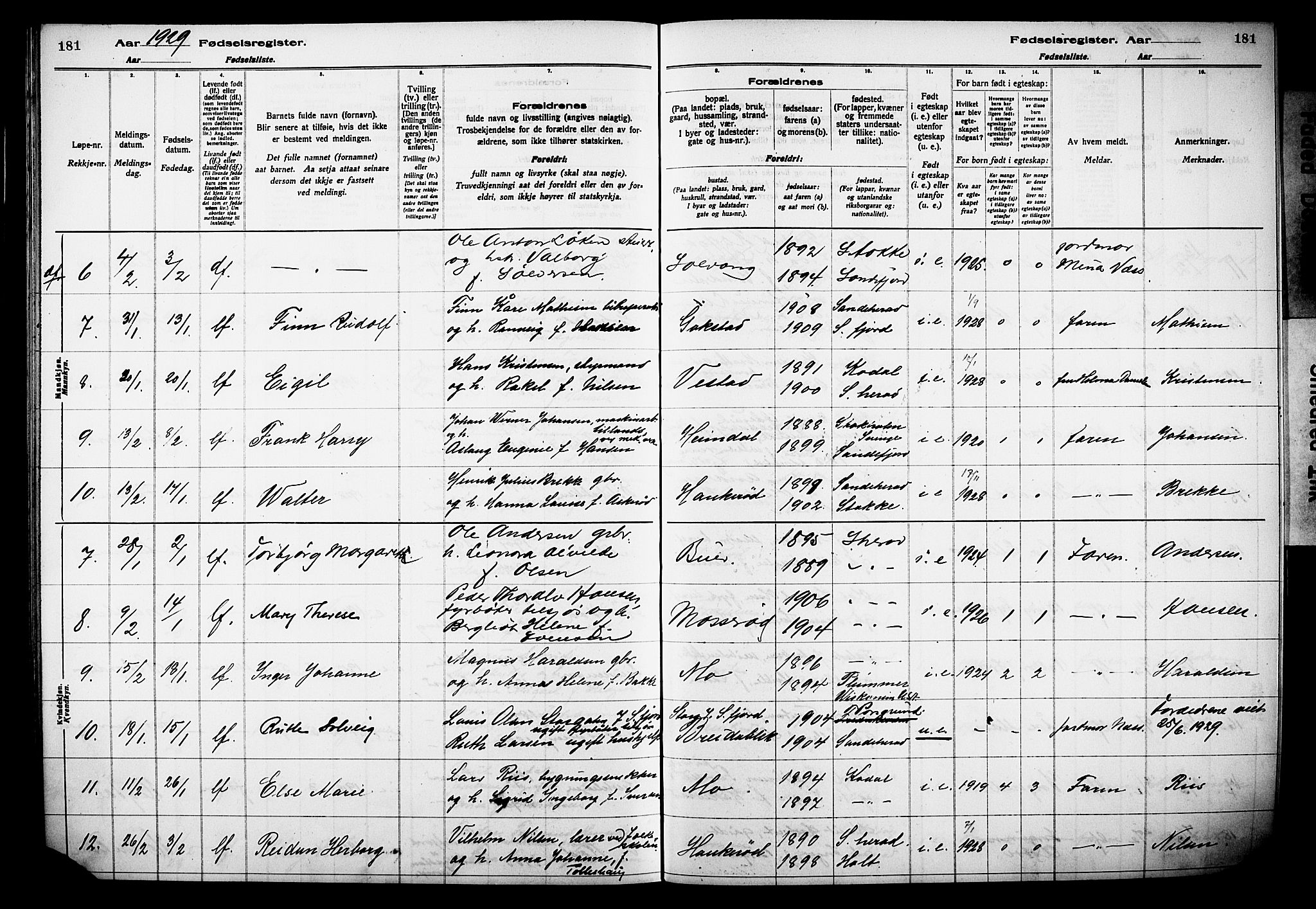 Sandar kirkebøker, AV/SAKO-A-243/J/Ja/L0002: Birth register no. 2, 1922-1929, p. 181