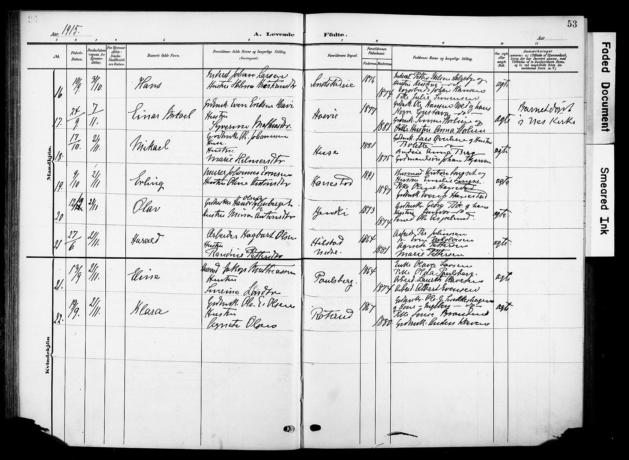 Nes prestekontor, Hedmark, SAH/PREST-020/K/Ka/L0013: Parish register (official) no. 13, 1906-1924, p. 53