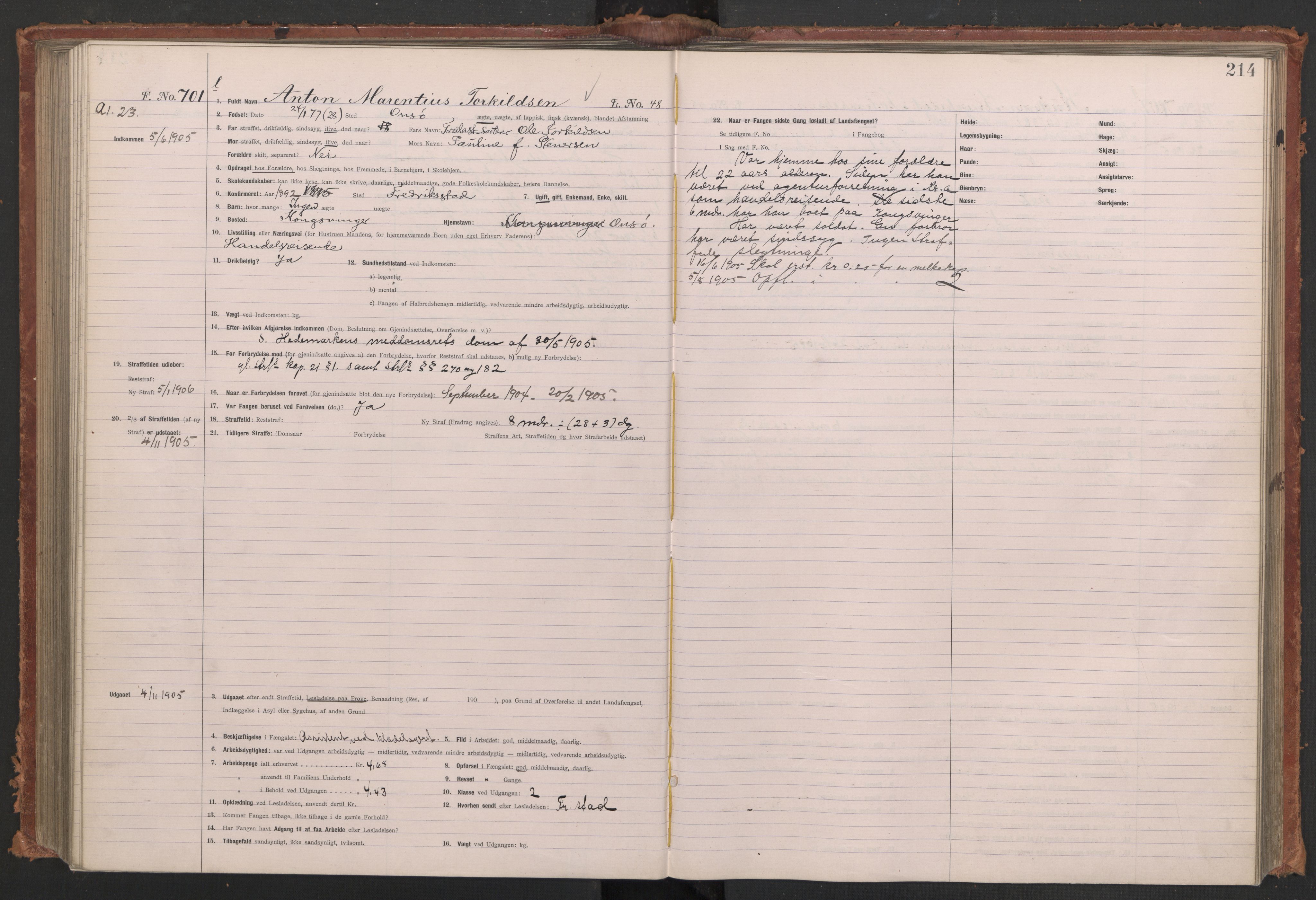 Botsfengslet, AV/RA-S-1539/D/Db/Dbb/L0039: 488l - 820l, 1904-1905, p. 214