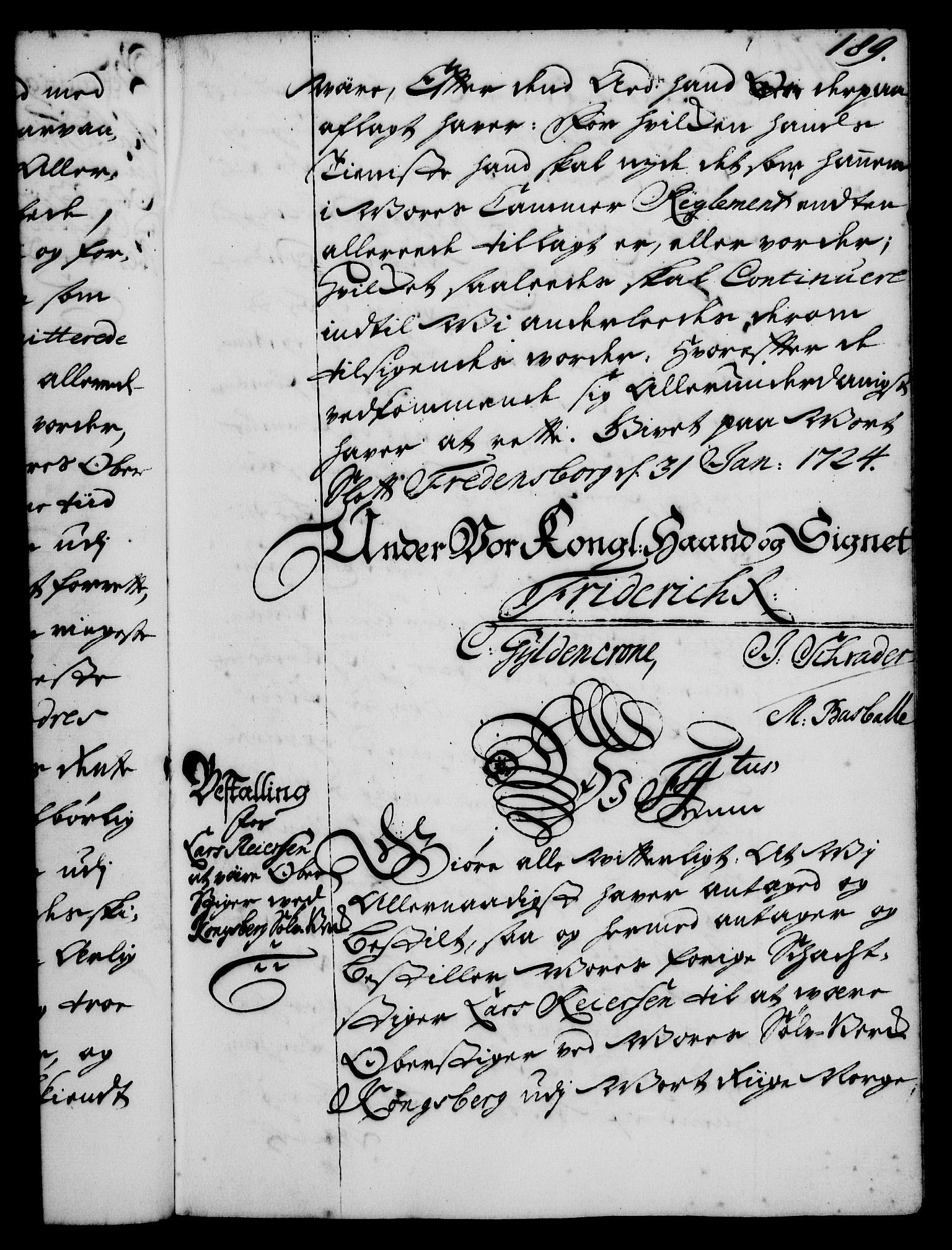 Rentekammeret, Kammerkanselliet, AV/RA-EA-3111/G/Gg/Gge/L0001: Norsk bestallingsprotokoll med register (merket RK 53.25), 1720-1730, p. 189