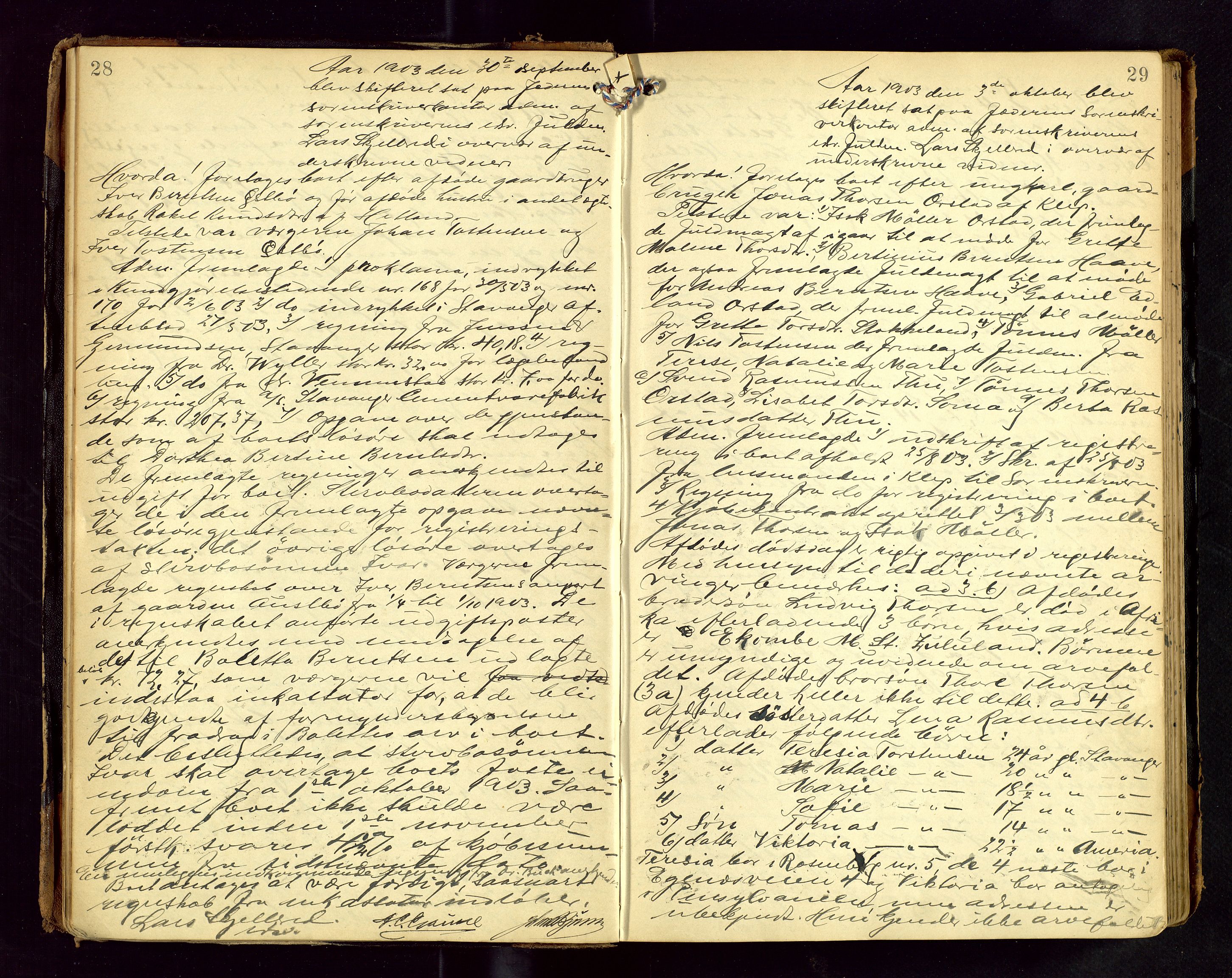 Jæren sorenskriveri, AV/SAST-A-100310/01/5/53/53BA/L0001: SKIFTEFORHANDLINGSPROTOKOLL, 1903-1908, p. 28-29