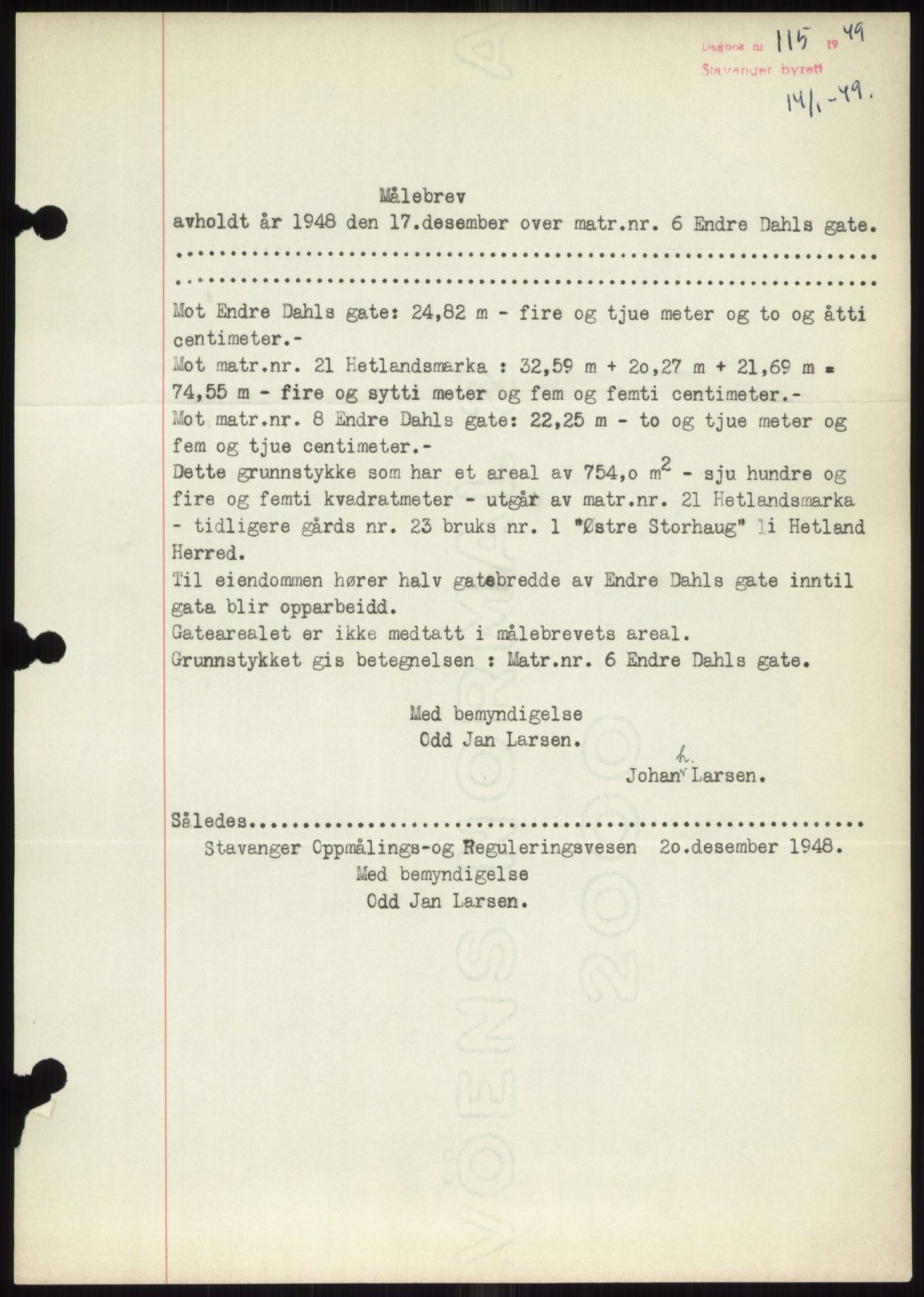 Stavanger byrett, SAST/A-100455/002/G/Gb/L0033: Mortgage book, 1936-1950, Diary no: : 115/1949