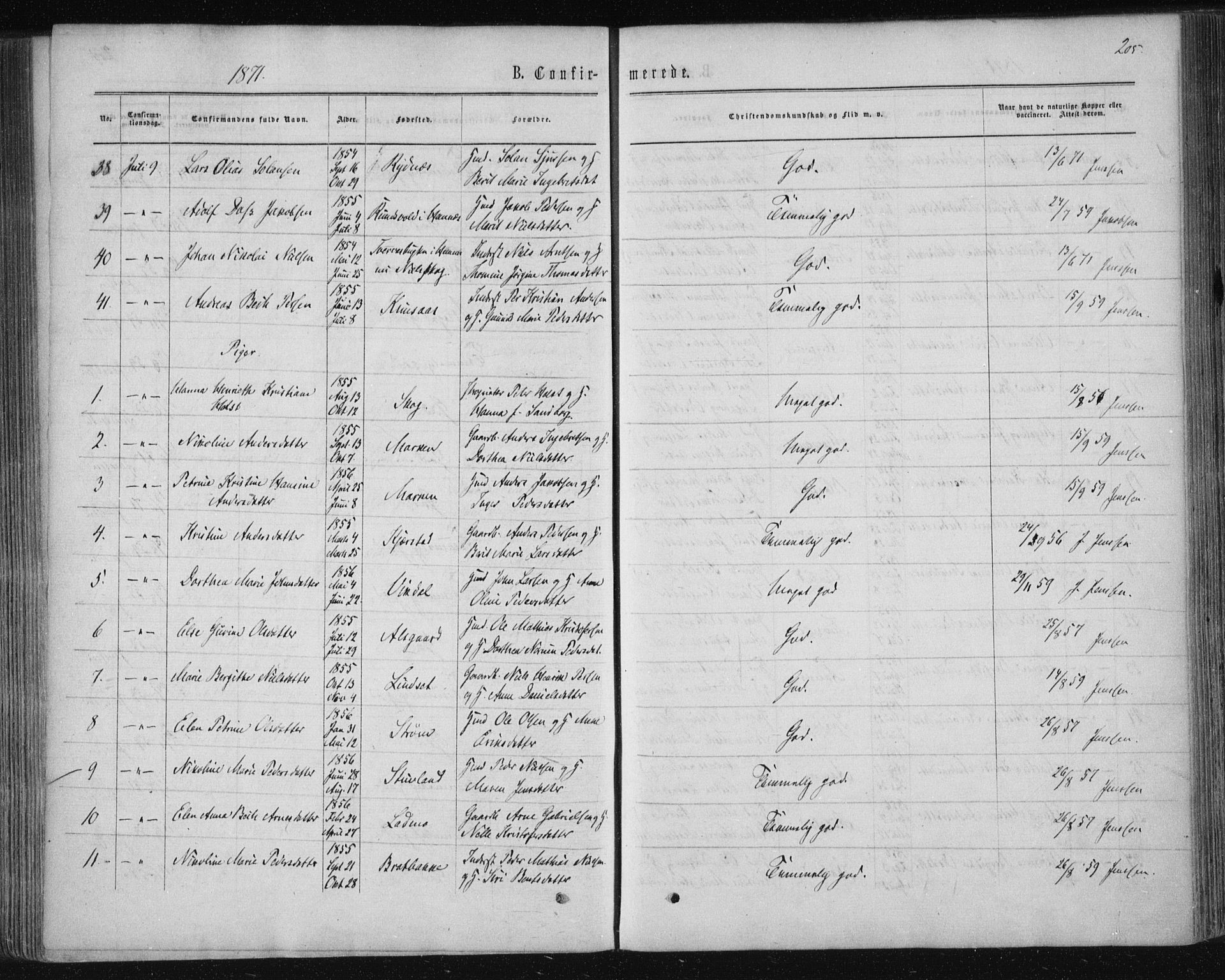 Ministerialprotokoller, klokkerbøker og fødselsregistre - Nordland, SAT/A-1459/820/L0294: Parish register (official) no. 820A15, 1866-1879, p. 205