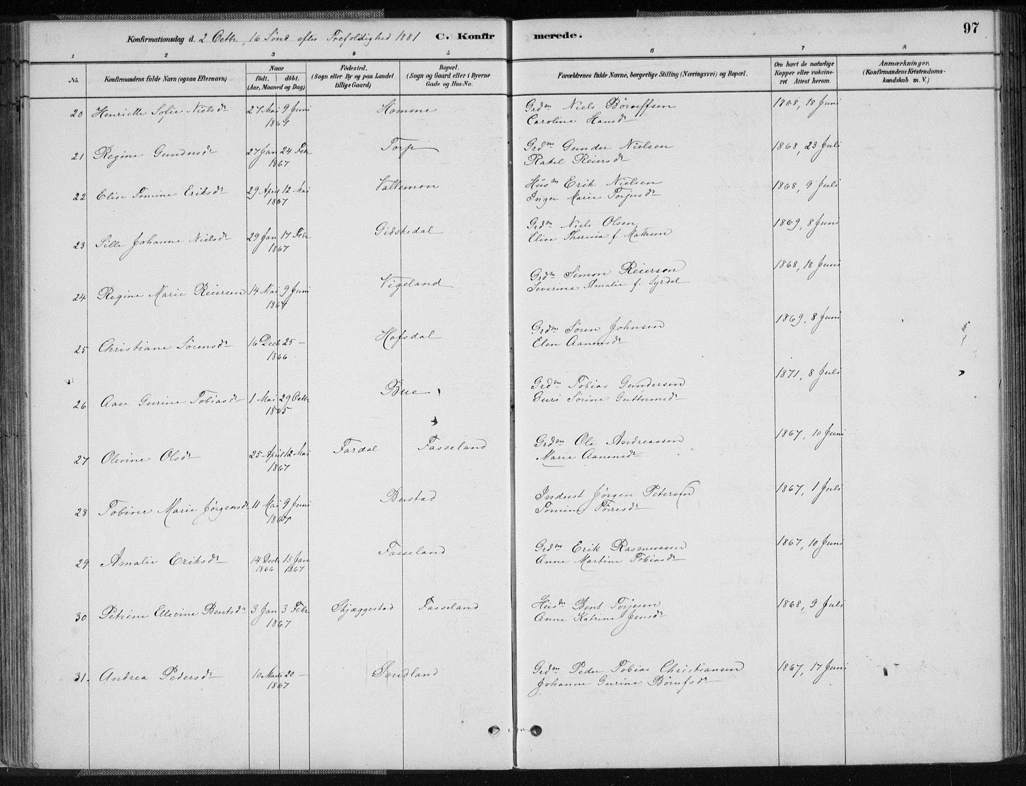 Sør-Audnedal sokneprestkontor, AV/SAK-1111-0039/F/Fa/Fab/L0009: Parish register (official) no. A 9, 1880-1895, p. 97