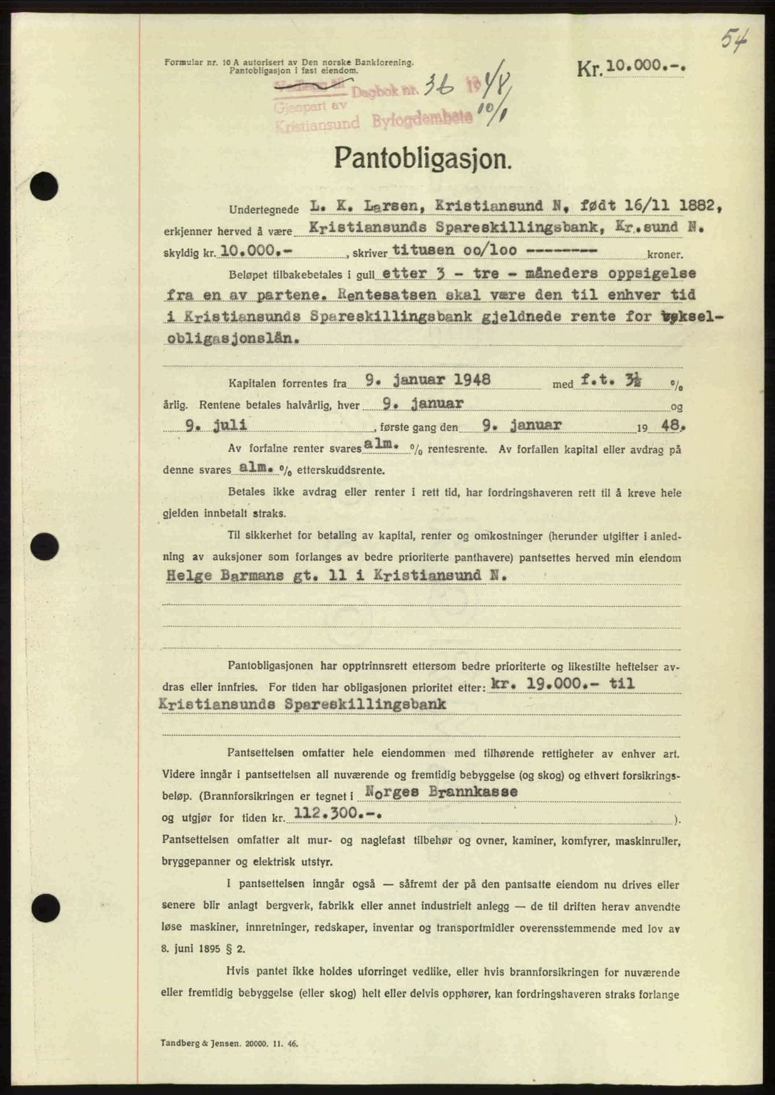 Kristiansund byfogd, AV/SAT-A-4587/A/27: Mortgage book no. 44, 1947-1948, Diary no: : 36/1948