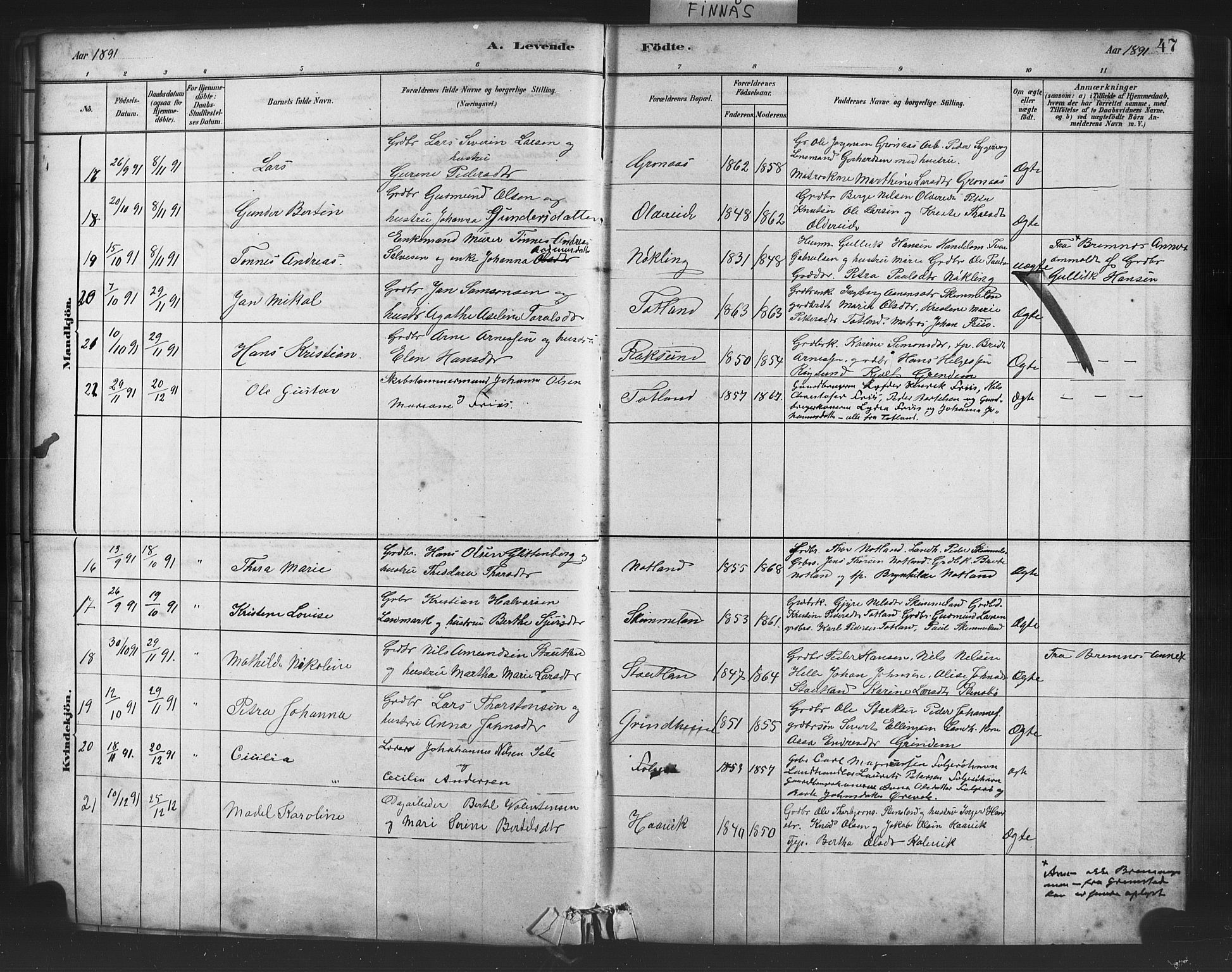 Finnås sokneprestembete, AV/SAB-A-99925/H/Ha/Haa/Haab/L0001: Parish register (official) no. B 1, 1881-1894, p. 47