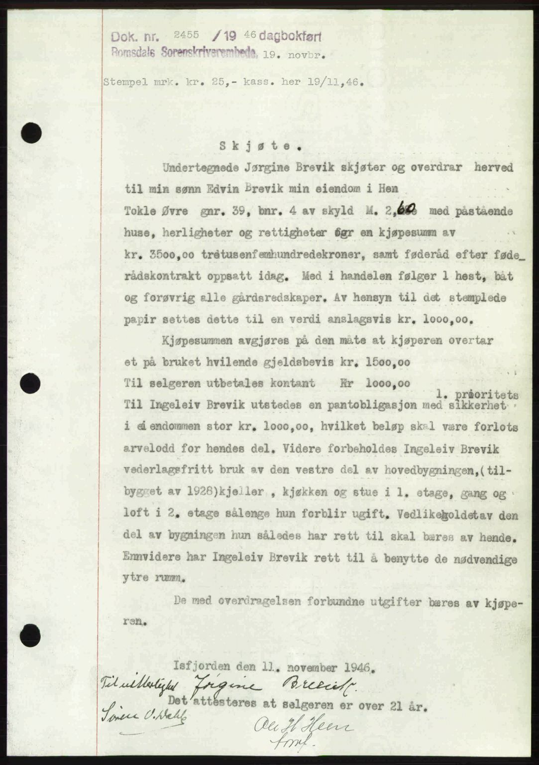 Romsdal sorenskriveri, AV/SAT-A-4149/1/2/2C: Mortgage book no. A21, 1946-1946, Diary no: : 2455/1946