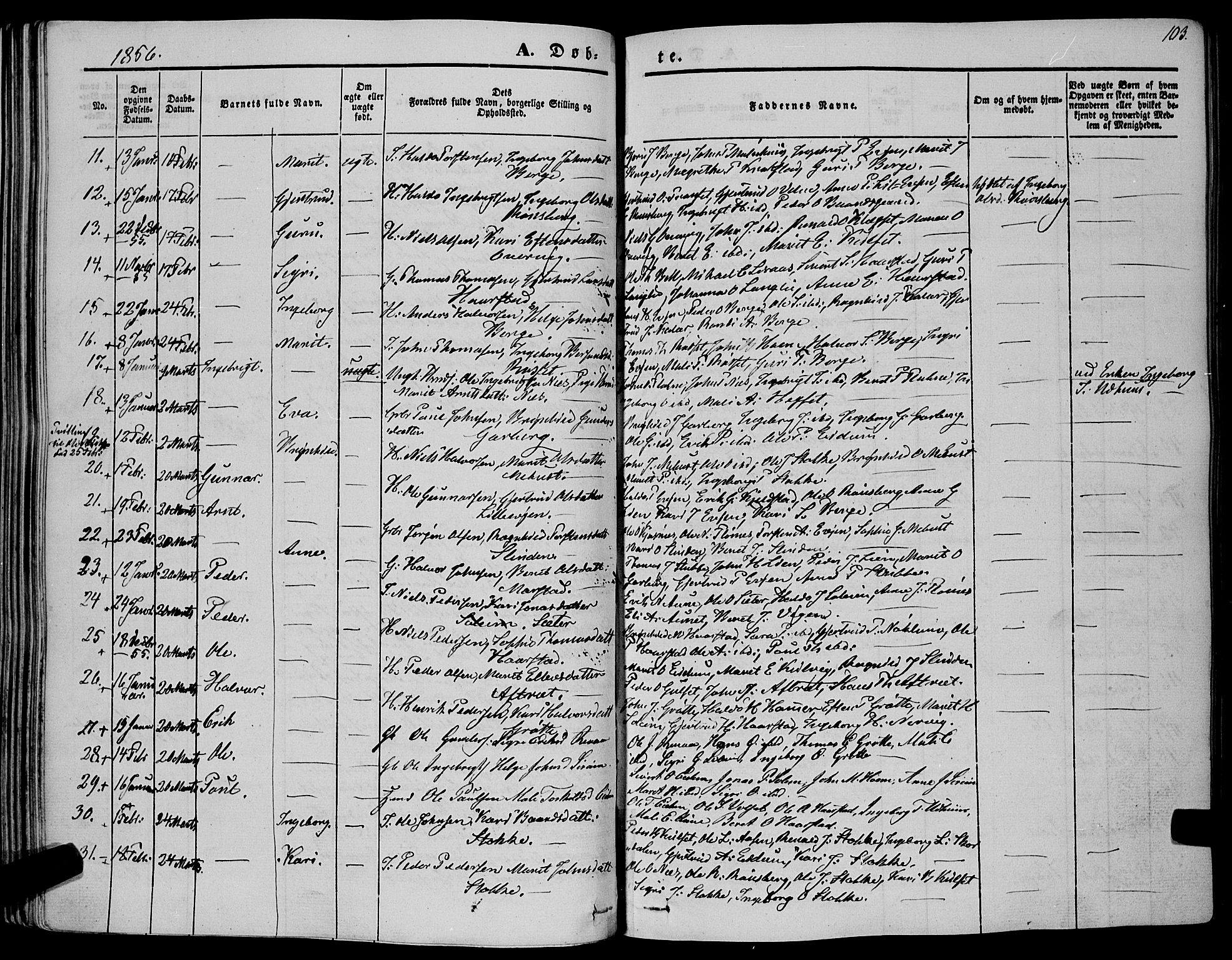 Ministerialprotokoller, klokkerbøker og fødselsregistre - Sør-Trøndelag, SAT/A-1456/695/L1145: Parish register (official) no. 695A06 /1, 1843-1859, p. 103