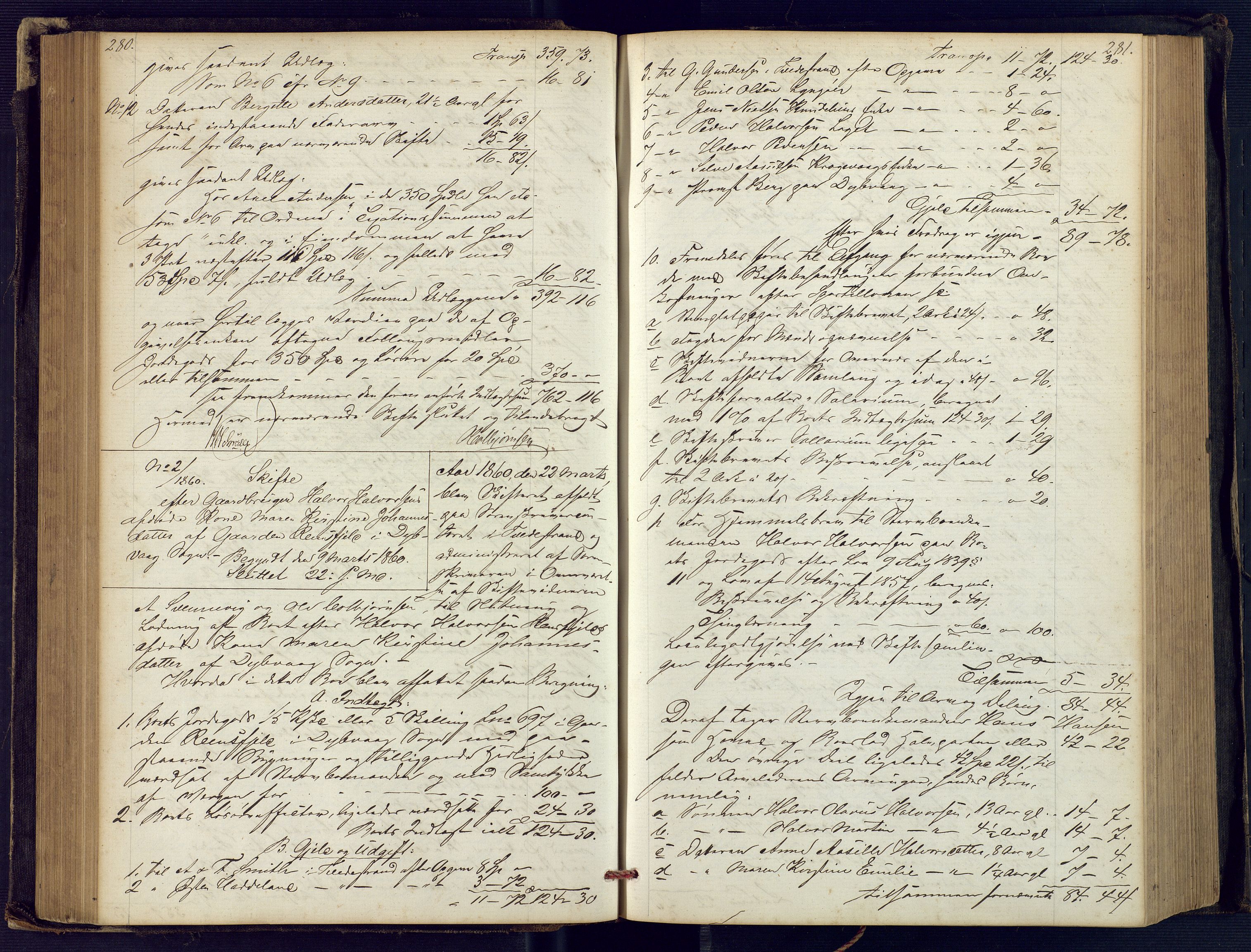 Holt sorenskriveri, SAK/1221-0002/H/Hc/L0029: Skifteutlodningsprotokoll nr. 4 med løst register, 1857-1862, p. 280-281