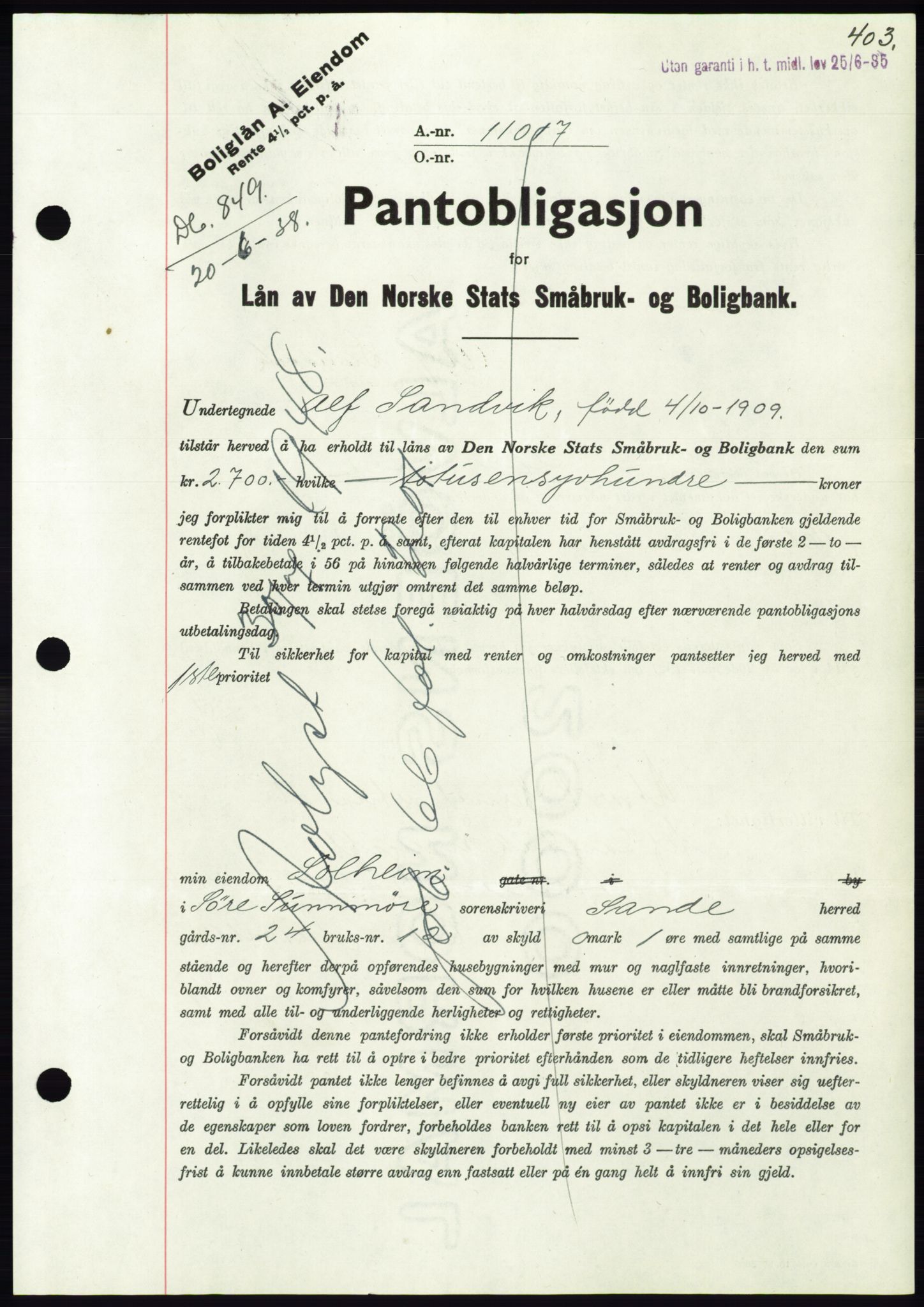 Søre Sunnmøre sorenskriveri, AV/SAT-A-4122/1/2/2C/L0065: Mortgage book no. 59, 1938-1938, Diary no: : 849/1938