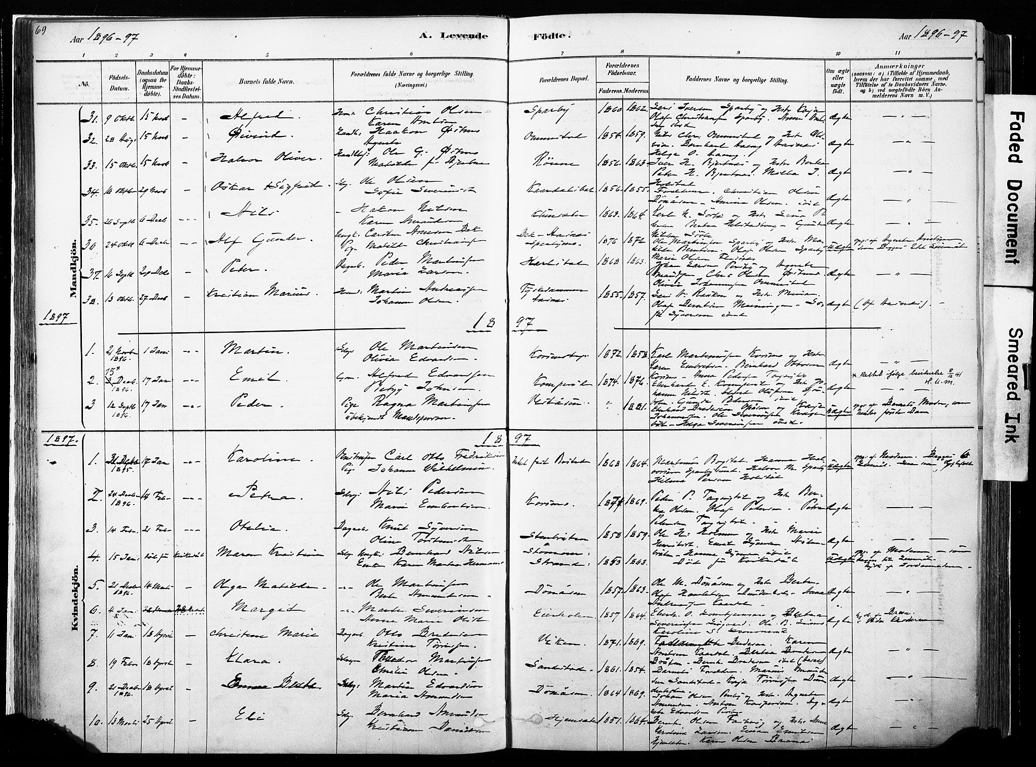 Hof prestekontor, SAH/PREST-038/H/Ha/Haa/L0010: Parish register (official) no. 10, 1878-1909, p. 69