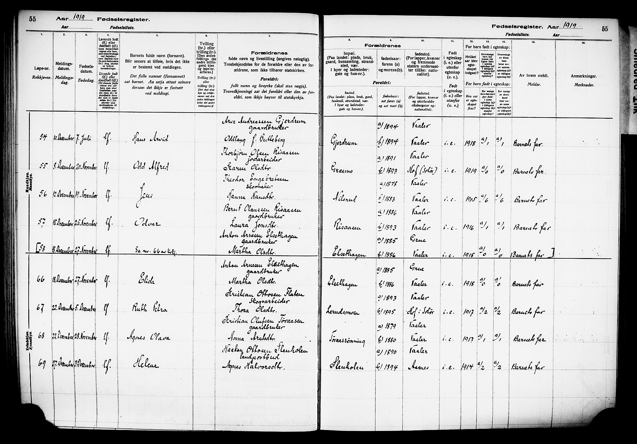 Våler prestekontor, Hedmark, AV/SAH-PREST-040/I/Id/L0001: Birth register no. 1, 1916-1930, p. 55