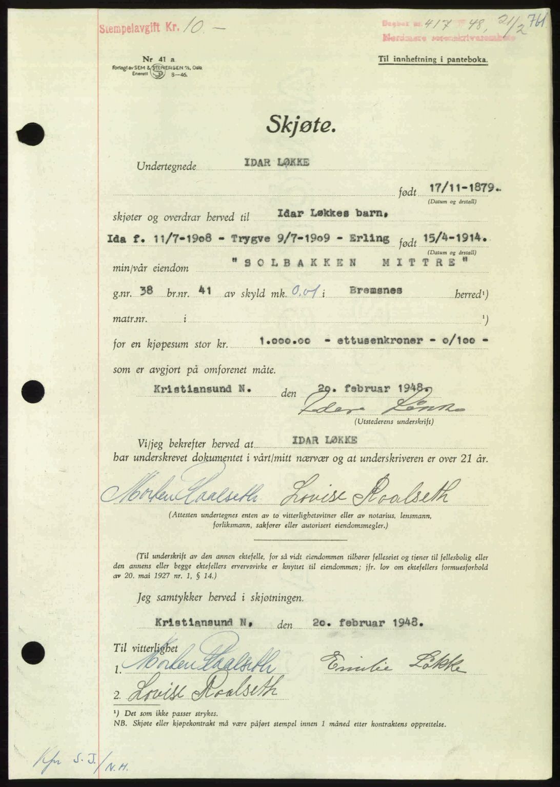 Nordmøre sorenskriveri, AV/SAT-A-4132/1/2/2Ca: Mortgage book no. A107, 1947-1948, Diary no: : 417/1948