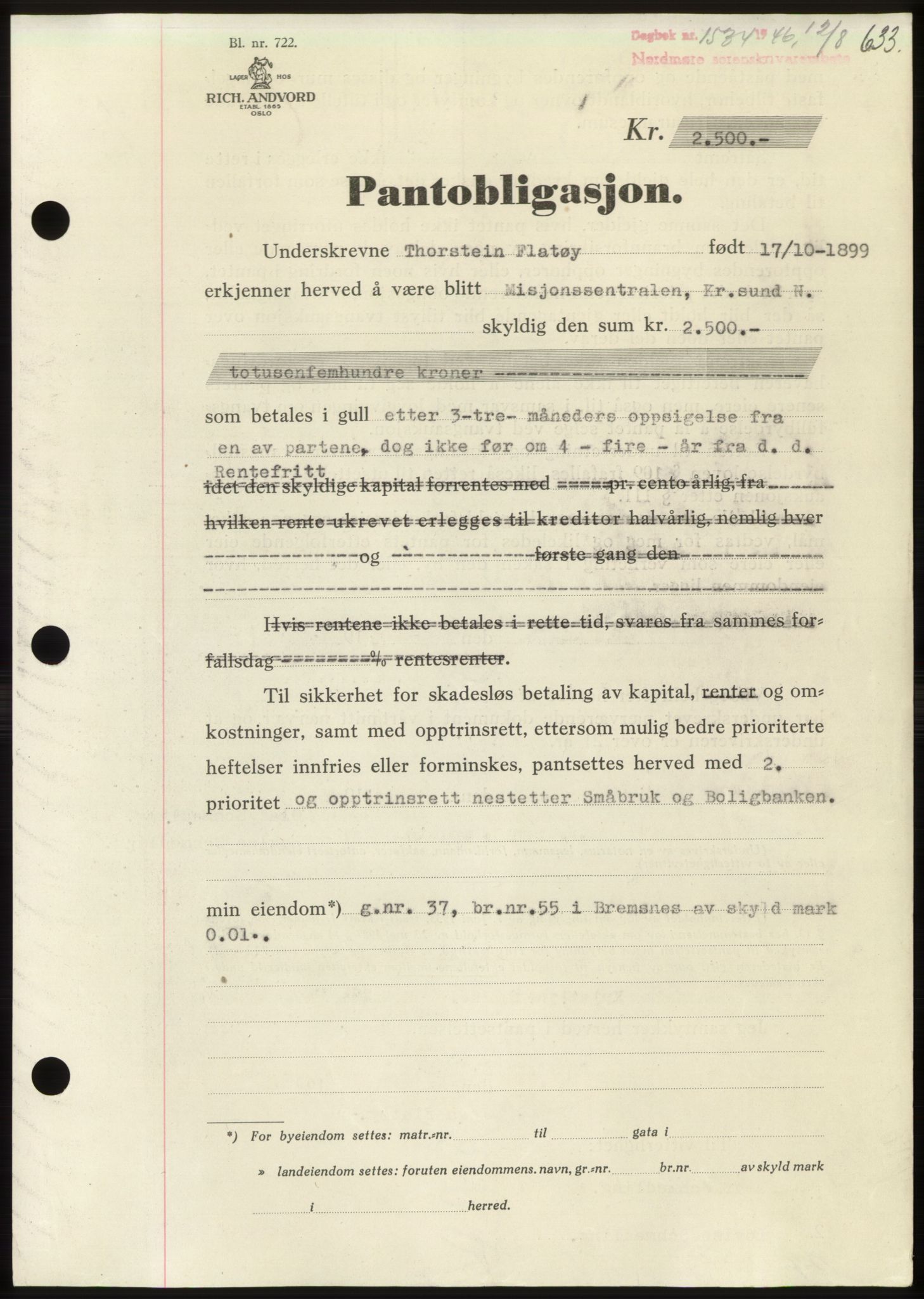 Nordmøre sorenskriveri, AV/SAT-A-4132/1/2/2Ca: Mortgage book no. B94, 1946-1946, Diary no: : 1534/1946