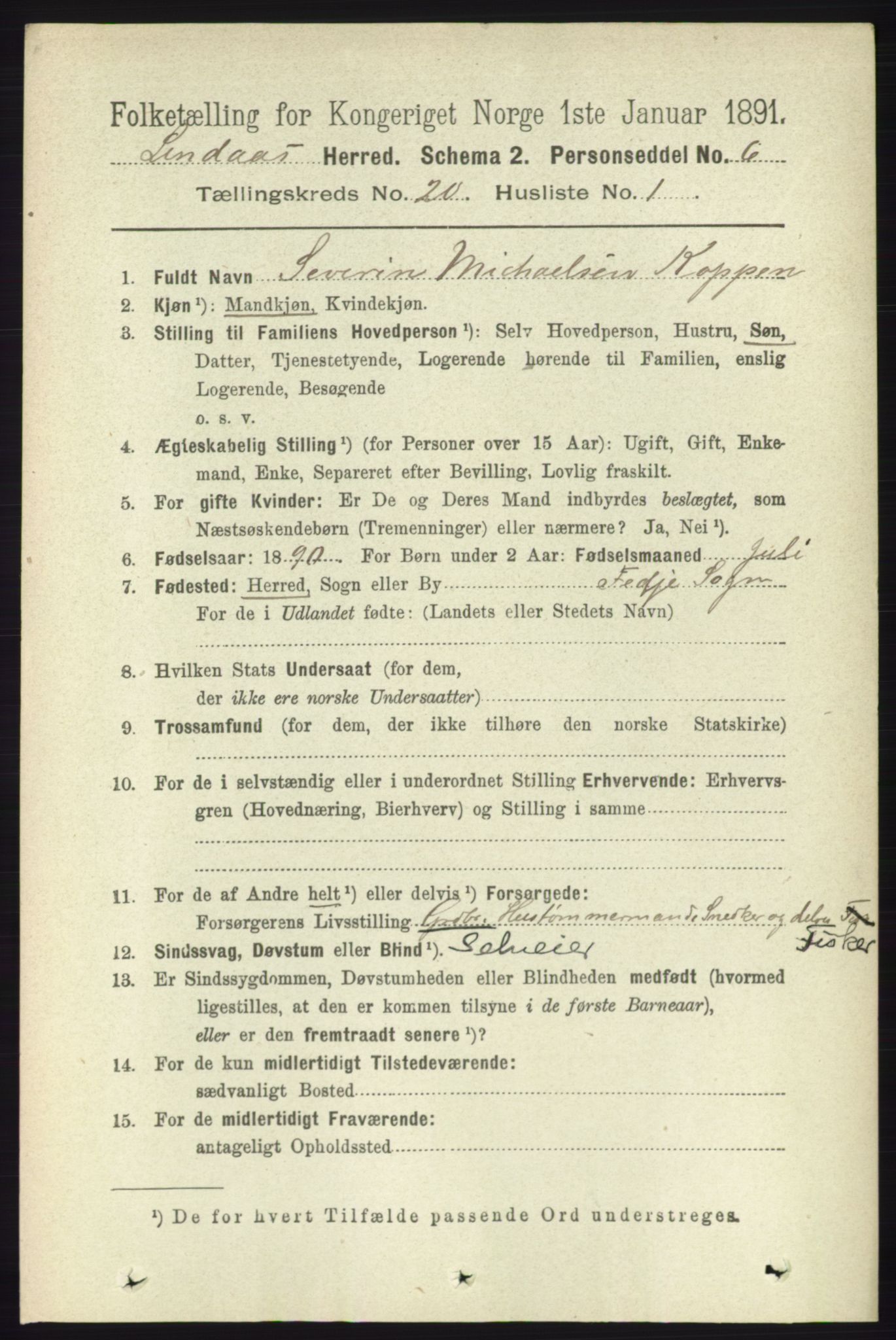 RA, 1891 census for 1263 Lindås, 1891, p. 7357