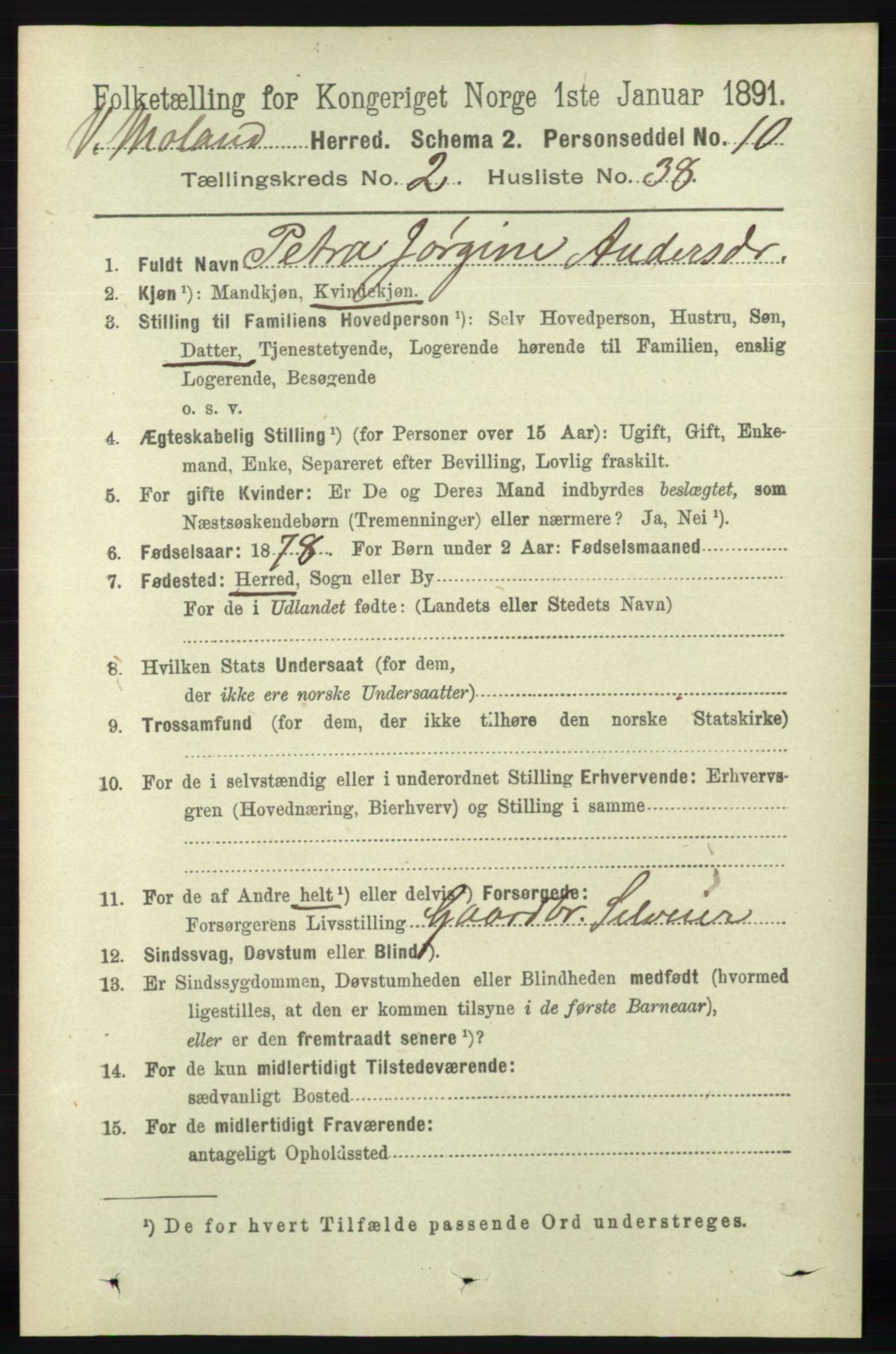 RA, 1891 census for 0926 Vestre Moland, 1891, p. 817