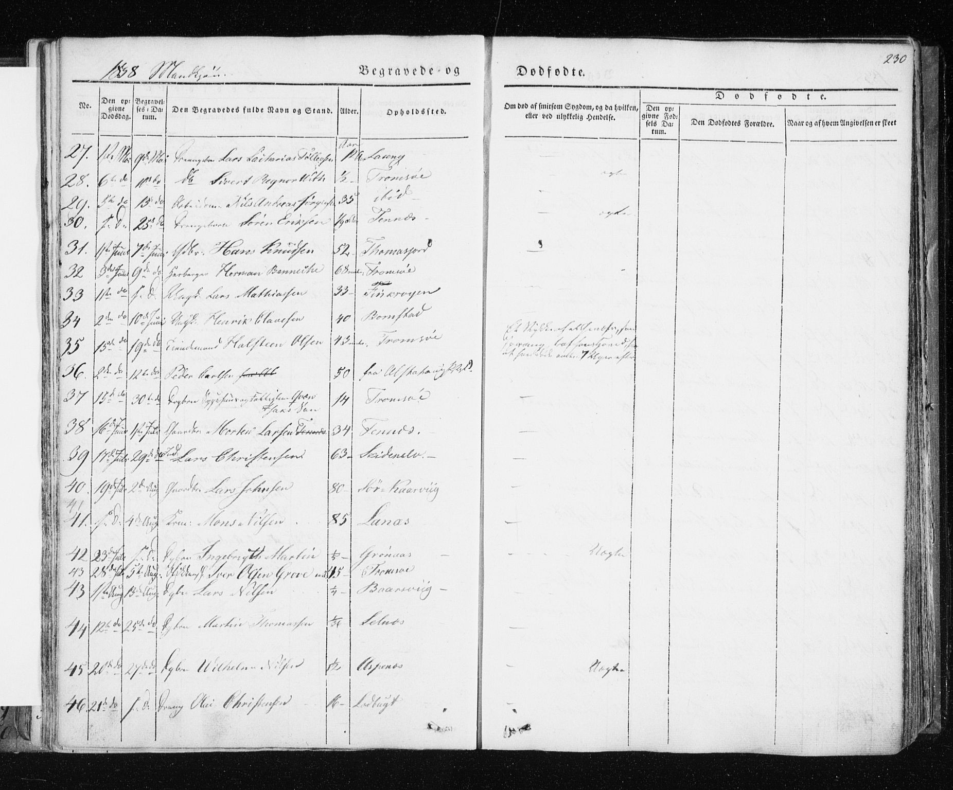 Tromsø sokneprestkontor/stiftsprosti/domprosti, AV/SATØ-S-1343/G/Ga/L0009kirke: Parish register (official) no. 9, 1837-1847, p. 230