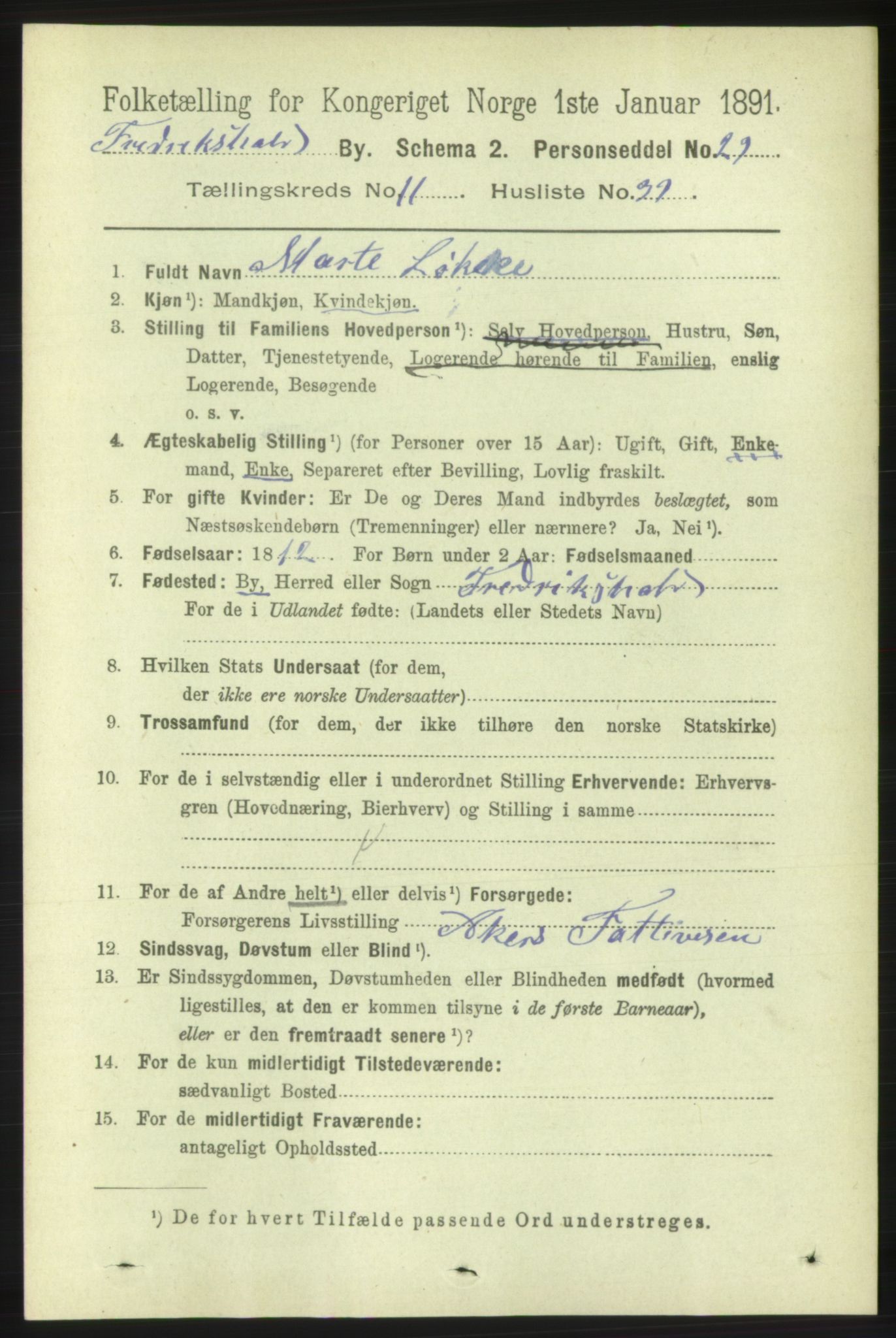 RA, 1891 census for 0101 Fredrikshald, 1891, p. 8206